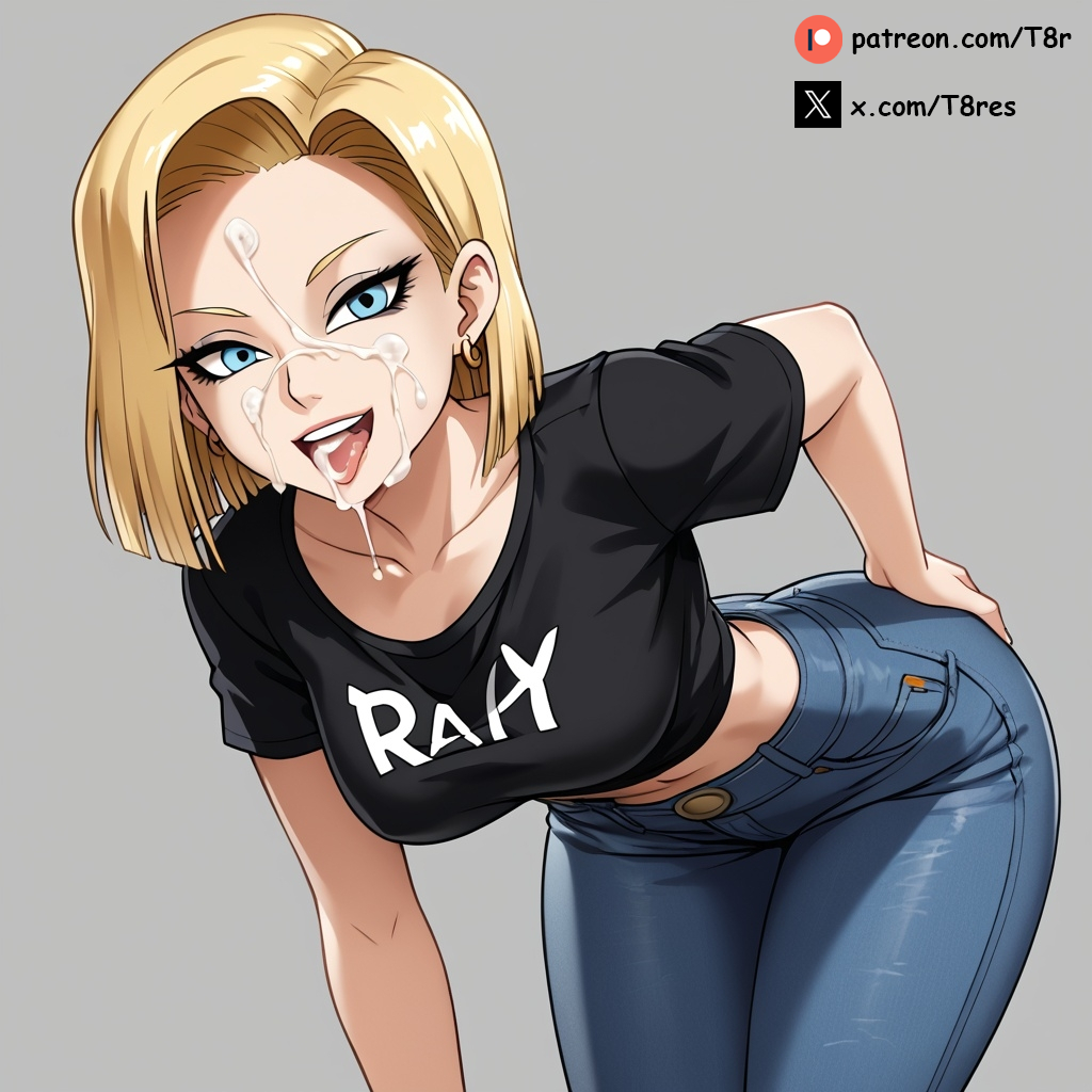 ai generated, android 18, blonde female, blonde hair, blue eyes, clothed, clothing, cum in mouth, cum on face, dragon ball, dragon ball z, facial, female, hourglass figure, narrow waist, smiling, smiling at viewer, t8r, wide hips