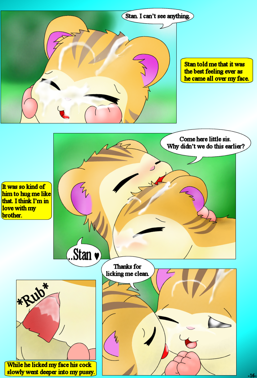 blush brother brother_and_sister comic cum cum_on_face curby cute dialogue english_text female fur hamster hamtaro_(series) incest licking male mammal messy open_mouth orange_fur penetration penis pussy rodent sandy_(hamtaro) sex sibling sister stan_(hamtaro) straight striped_fur stripes tapering_penis text tongue tongue_out twins vaginal_penetration