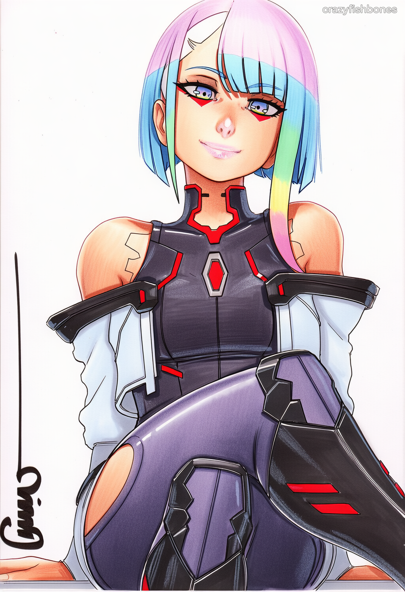 2025 ai_generated artist_name bare_shoulders blue_hair breasts crazyfishbones female looking_at_viewer lucy_(cyberpunk) multicolored_hair short_hair sitting smile solo