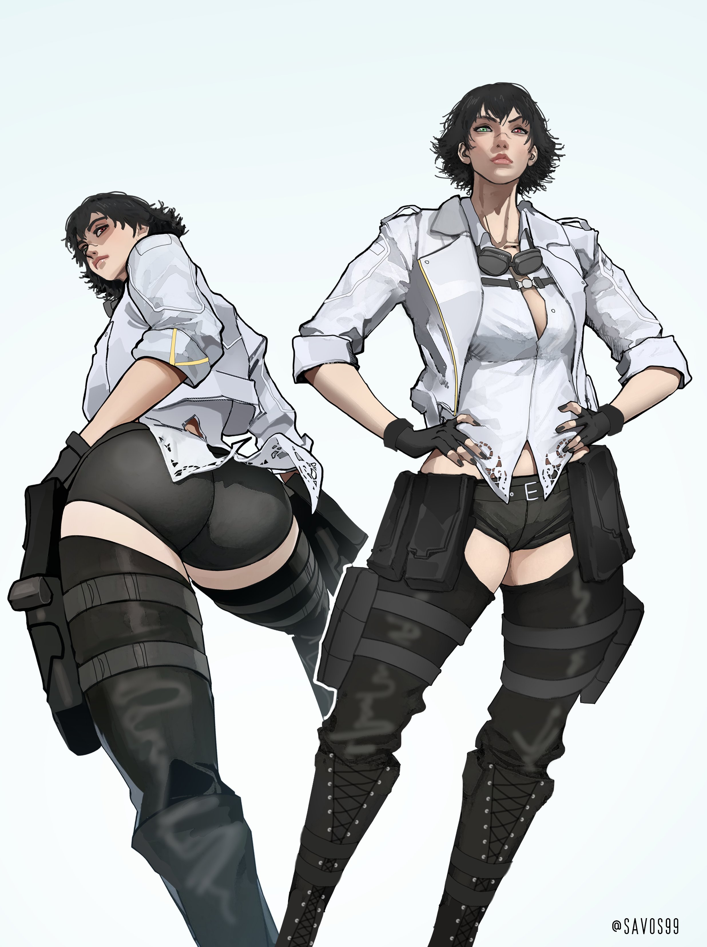 2d, artist name, ass, ass focus, back view, big ass, big butt, black hair, capcom, clothed, devil may cry, devil may cry (series), devil may cry 5, female, female focus, full body, heterochromia, lady (devil may cry), light skin, light-skinned female, low-angle view, multiple views, pinup, posing, savos99, short black hair, short hair, shorts, simple background, solo, solo female, tagme, tight clothing, tight shorts, white background