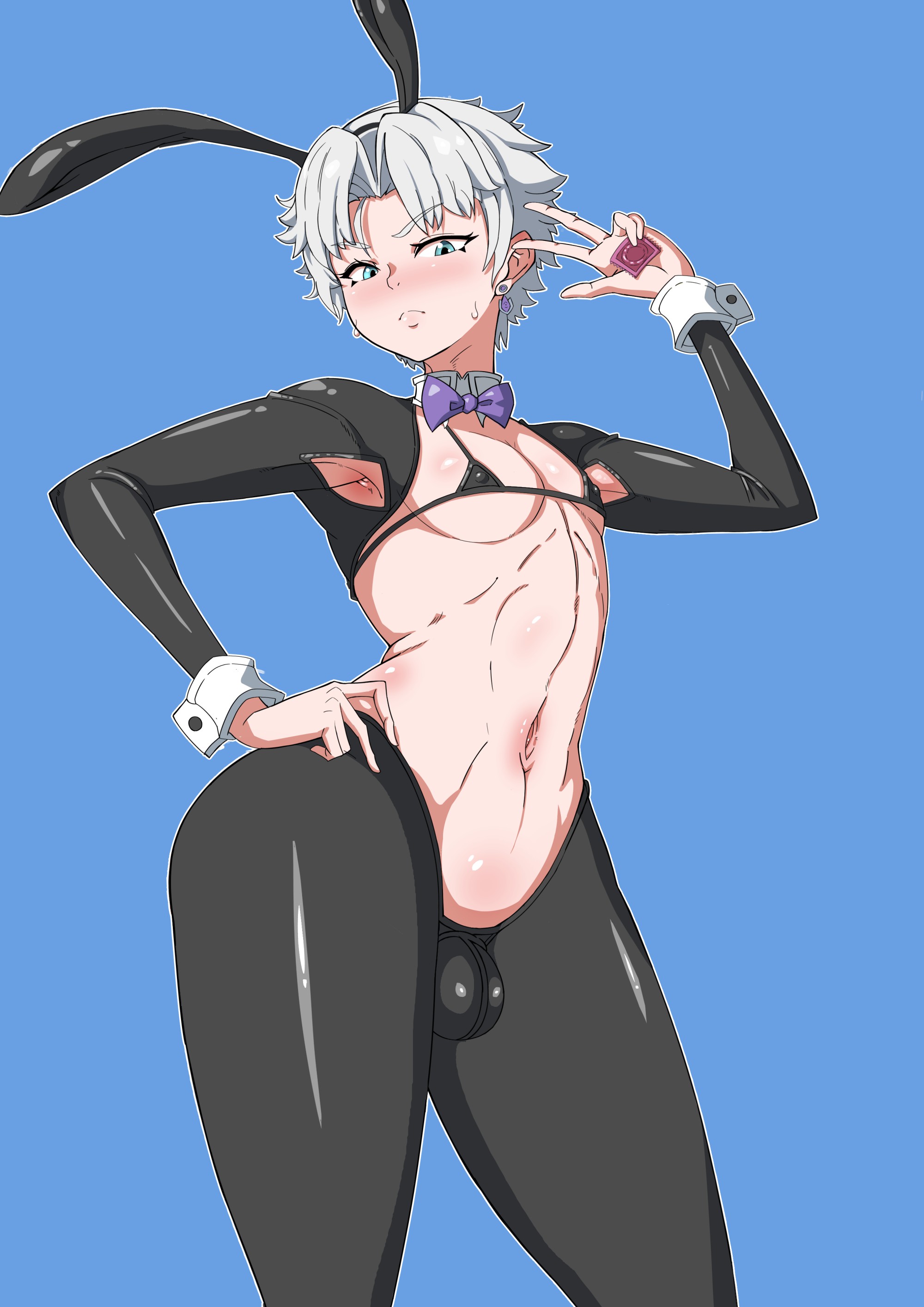 1boy, 2025, bikini top, blue background, blue eyes, blush, bulge, bunny ears, condom, condom in hand, condom wrapper, crossdressing, detached collar, femboy, girly, hand on hip, hi res, looking at viewer, mahiron 269, male, male only, neck ribbon, reverse bunnysuit, solo, thick thighs, v sign, very high resolution, white hair, wrist cuffs