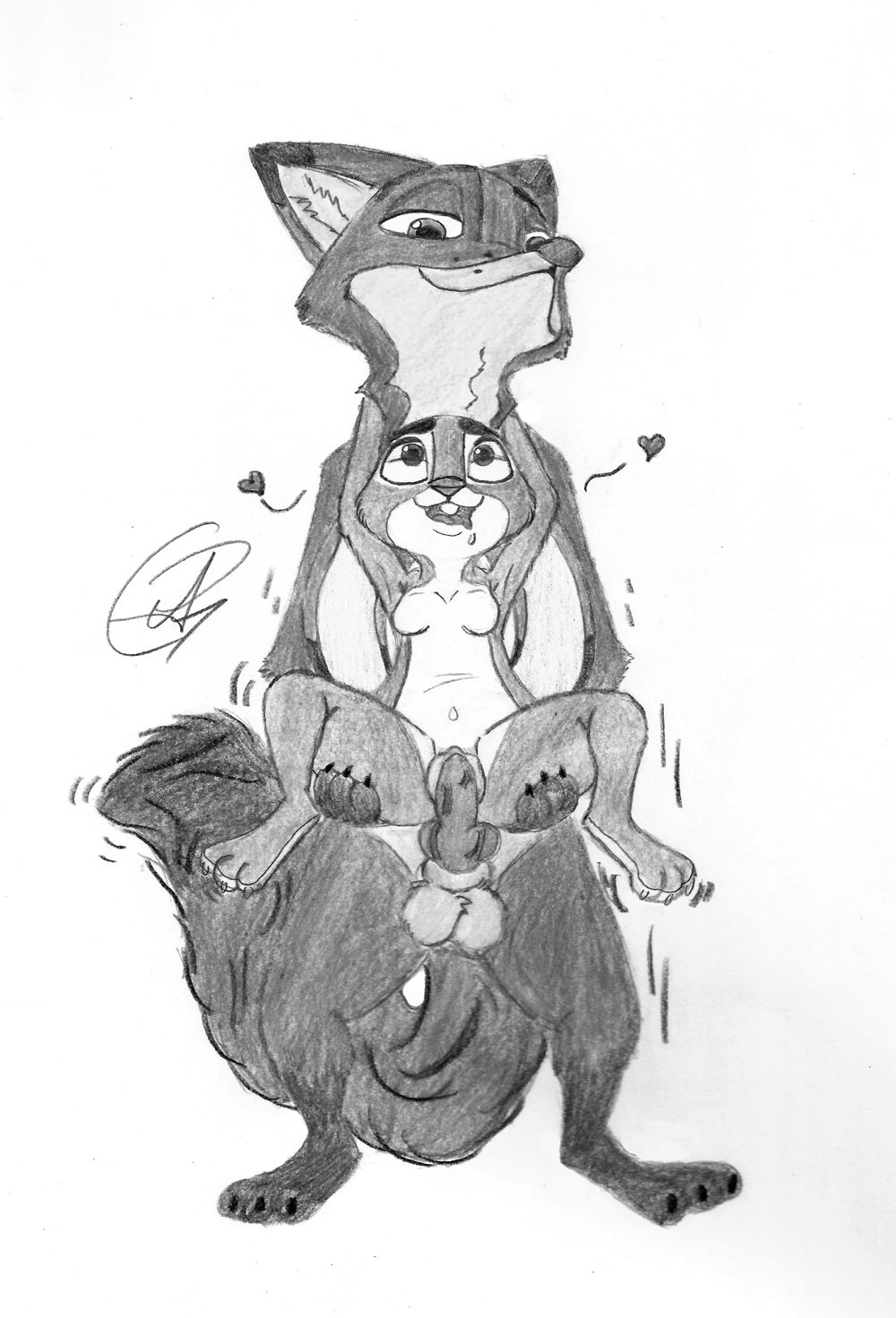 anthro balls black_and_white canine disney drawning duo erection female flat_chest fox judy_hopps lagomorph male mammal nick_wilde nude open_mouth penis pussy rabbit simple_background zootopia