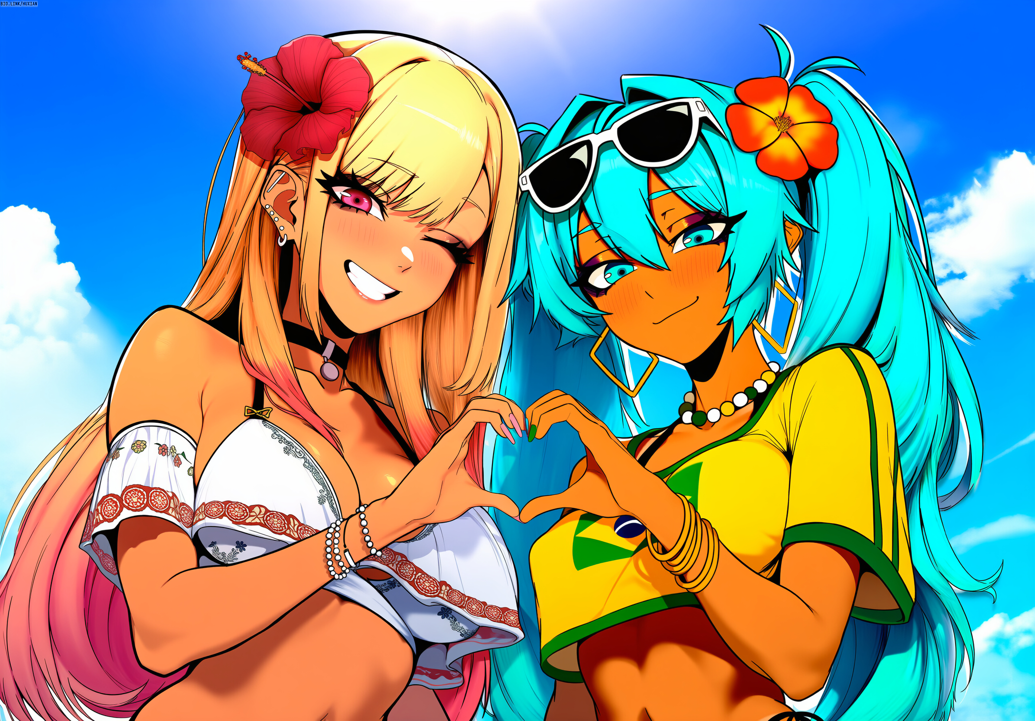 2girls, ai generated, alternate skin color, aqua hair, bangs, beads, bikini, blonde hair, blue eyes, blue hair, blue sky, blush, bracelet, brazilian, brazilian female, brazilian miku, breasts, choker, cleavage, cloud, crop top, dark skin, dark-skinned female, day, ear piercing, earrings, eyewear on head, female, female only, flower, gradient hair, grin, gyaru, hair flower, hair ornament, hatsune miku, heart, heart hands, heart hands duo, hibiscus, hoop earrings, jewelry, kitagawa marin, large breasts, long hair, looking at viewer, mexican female, multicolored hair, multiple females, multiple girls, nail polish, navel, necklace, one eye closed, outdoors, piercing, pink eyes, pink hair, race swap, red eyes, self upload, shirt, sky, smile, sono bisque doll wa koi wo suru, sunglasses, swimsuit, tan, twintails, upper body, viriai, white bikini, yellow shirt
