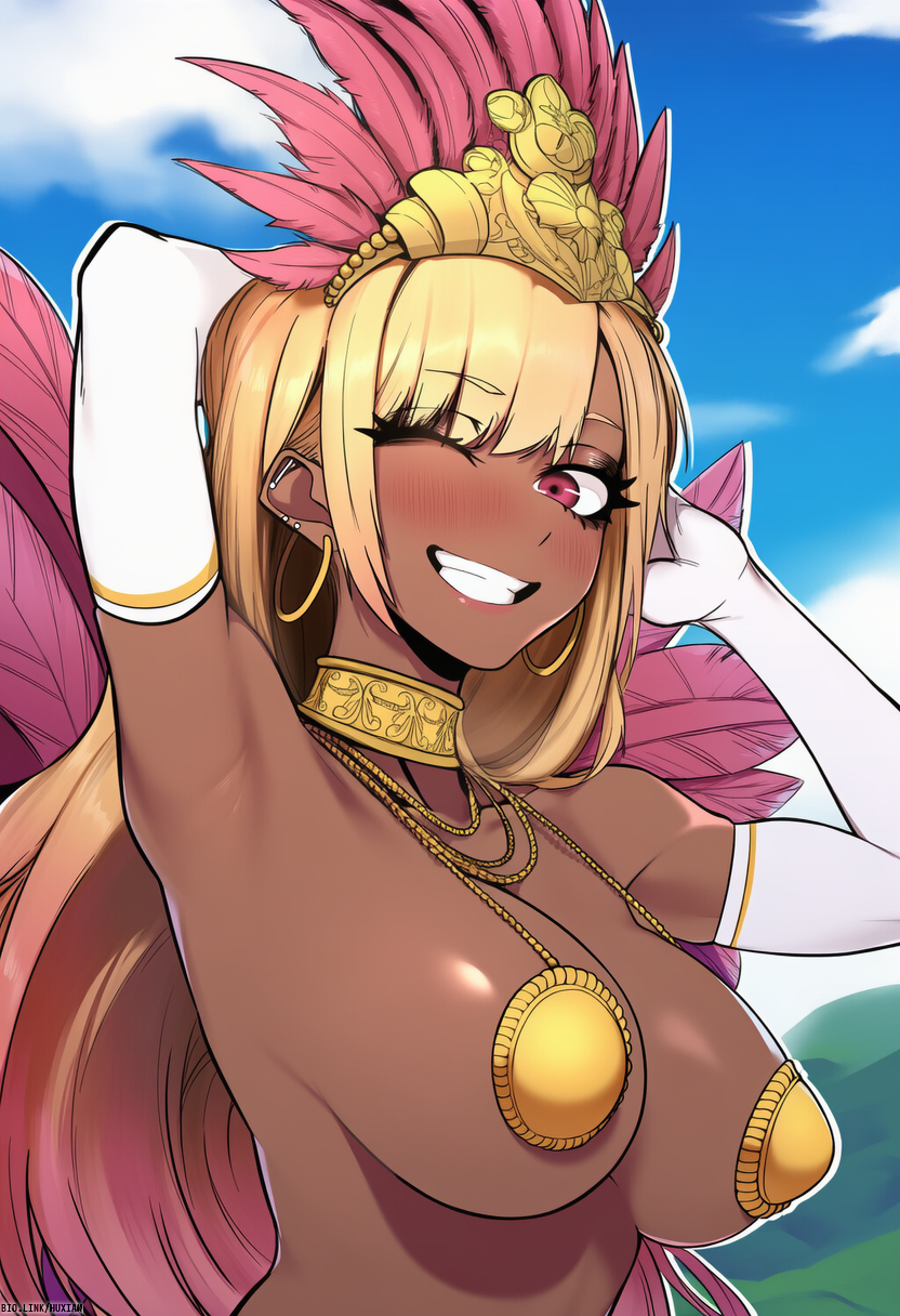 ai_generated alternate_skin_color armpits brazilian brazilian_female feathered_headdress gloves headdress kitagawa_marin race_swap samba self_upload sono_bisque_doll_wa_koi_wo_suru viriai