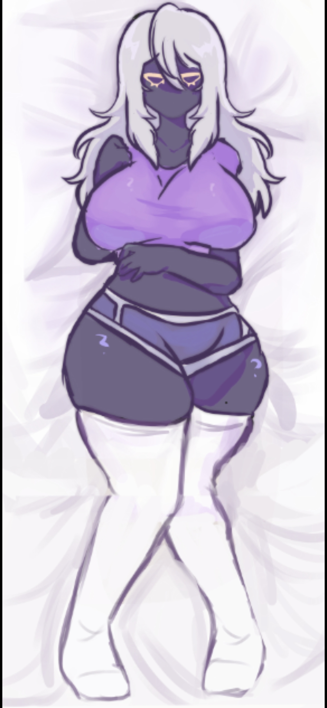 1girls, artist request, ass, black body, body pillow, booty shorts, breasts, crop top, deepwoken, exposed midriff, female, ganymede (deepwoken), large breasts, laying down, pink shirt, roblox, roblox game, robloxian, solo, thick ass, thick thighs, thighhighs, thighs, white hair, wide hips, yellow eyes