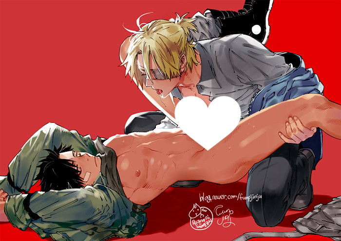 2boys boots bottomless gangsta licking lifting lying male_only multiple_boys muscle nicolas_brown nipples restrained saliva tongue tongue_out undressing worick_arcangelo yaoi