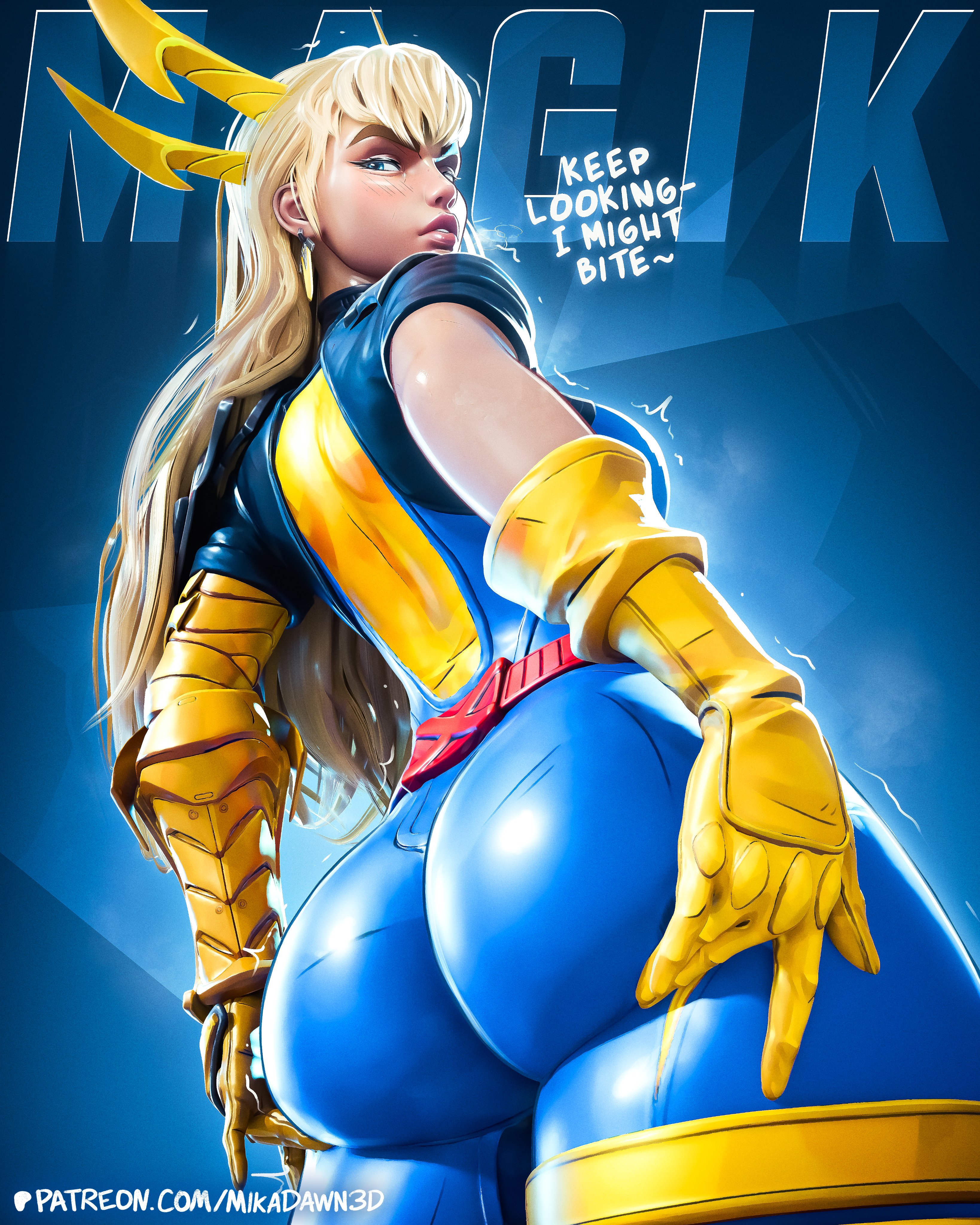 1girls, 3d, ass, ass focus, big ass, big breasts, breasts, female, female only, light skin, light-skinned female, looking at viewer, looking back, magik (illyana rasputin), magik (marvel rivals), magik (retro x-uniform), marvel, marvel comics, marvel rivals, mikadawn, solo