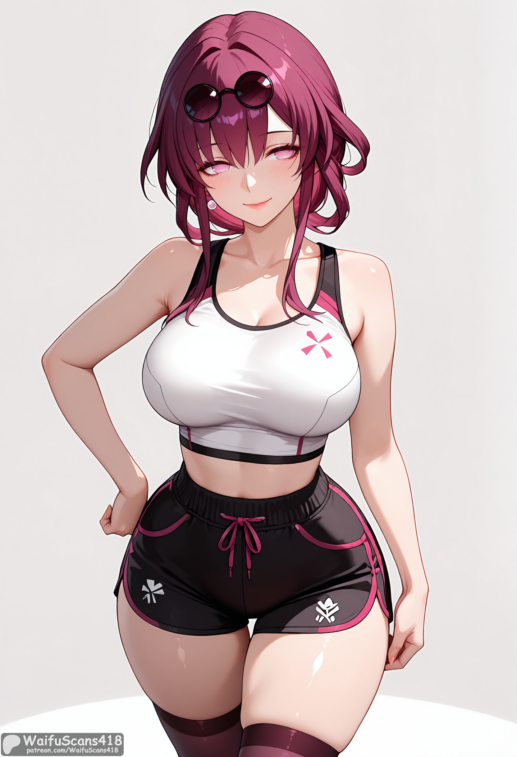 ai generated, bangs, bare shoulders, black shorts, blush, breasts, cleavage, closed mouth, collarbone, cowboy shot, crop top, earrings, eyewear on head, female, hand on hip, high resolution, highres, honkai: star rail, jewelry, kafka (honkai: star rail), large breasts, long hair, looking at viewer, midriff, pink eyes, purple hair, short shorts, shorts, simple background, smile, solo, sports bra, stable diffusion, sunglasses, thigh gap, thighhighs, thighs, waifuscans418