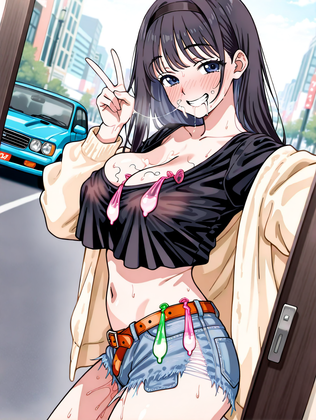 1girls, 2d, ai generated, armpit, bare arms, big breasts, black hair, breasts, chest, condom, condom belt, crop top, cum, cum in mouth, cum inside, curvy, curvy figure, cute, cute face, denim, denim shorts, detailed, exhibitionism, exhibitionist, eyelashes, female, female only, fit, fit female, focus, hair, high quality, large breasts, legs, light skin, light-skinned female, lips, looking at viewer, medium breasts, nipples, posing, public, public nudity, pussy, reapz y, seductive, seductive look, stray pubic hair, street, thighs, thin waist, used condom, v sign, vagina