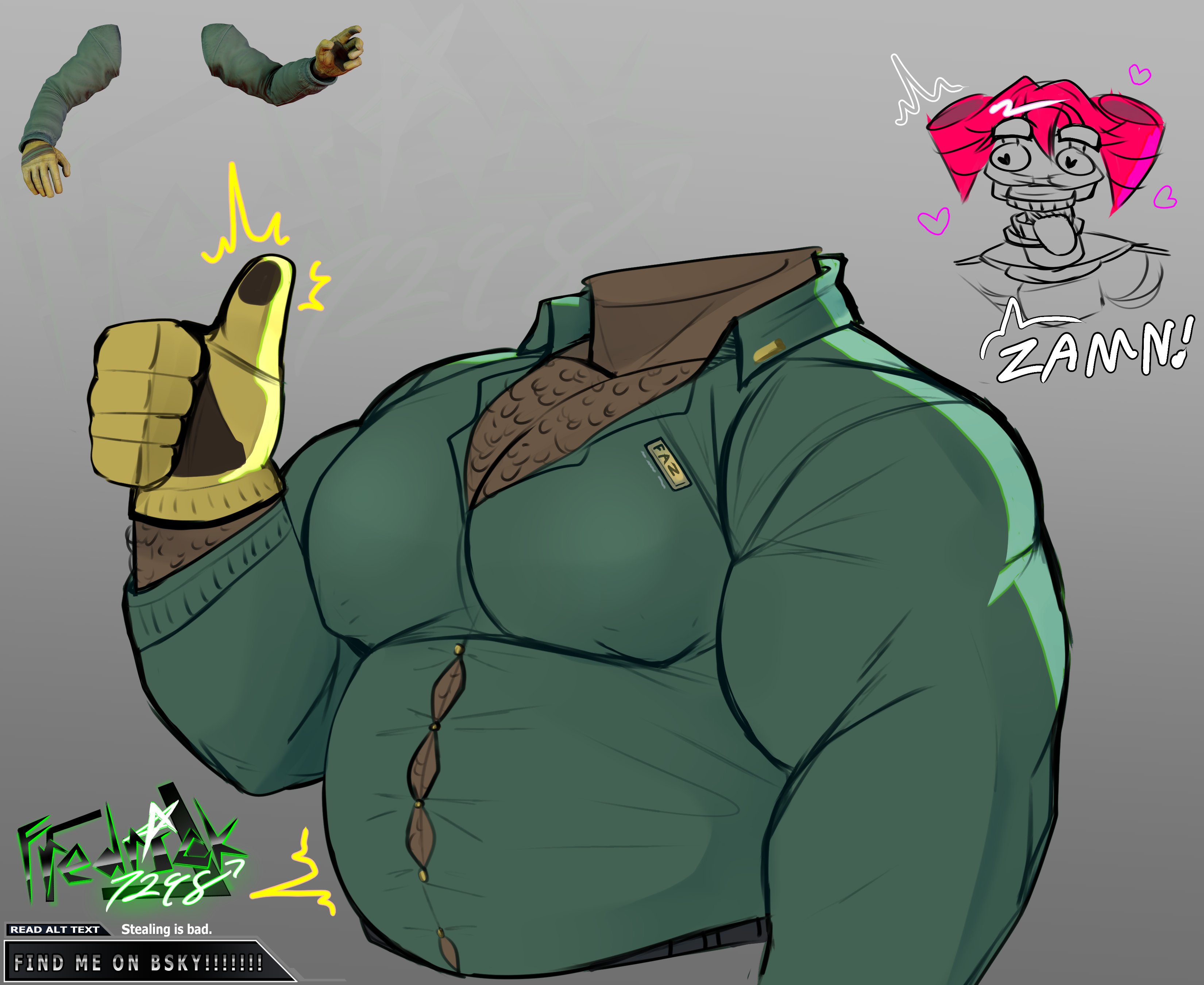 arnold (fnaf), bara, clothed, clothed male, five nights at freddy's, five nights at freddy's: secret of the mimic, fredrick7298, gay, hairy, hairy male, headless, headless male, heart-shaped pupils, hearts around head, human, male, reference image, the mimic (fnaf), thumbs up, yaoi