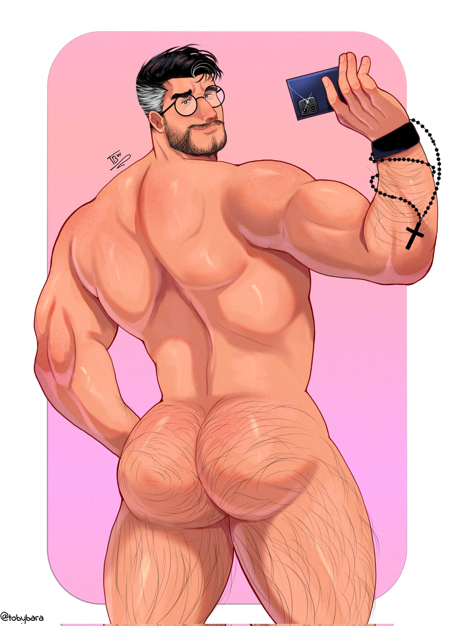 1boy, abs, arm hair, ass, ass focus, back, back muscles, bara, beard, big ass, big muscles, big pecs, daddy, dilf, gay, glasses, hair, hairy, hairy ass, hairy male, huge muscles, huge pecs, human, hunk, male, male focus, male only, moustache, muscles, muscular, muscular human, muscular male, naked, naked male, nude, original character, pecs, penis, priest, pubic hair, solo, tobybara, yaoi