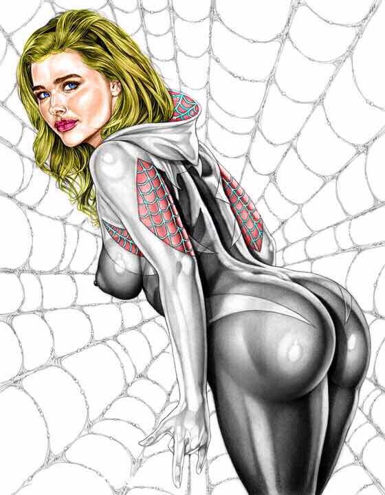 1girls, actress, armando huerta, ass, blonde hair, blue eyes, bodysuit, breasts, celebrity, chloe grace moretz, color, colored, covered breasts, covered nipples, erect nipples, eyelashes, female, female only, gwen stacy, hips, large breasts, legs, lips, long hair, marvel, marvel comics, nipple bulge, nipples, real person, sideboob, solo, spider-gwen, spider-man (series), thighs