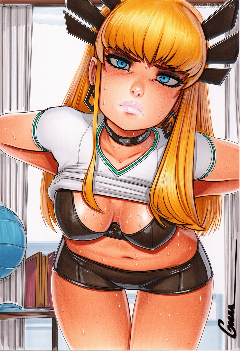 2025 ai_generated artist_name blonde_hair blue_eyes blush breasts crazyfishbones female large_breasts long_hair magik_(x-men) solo sweat underwear