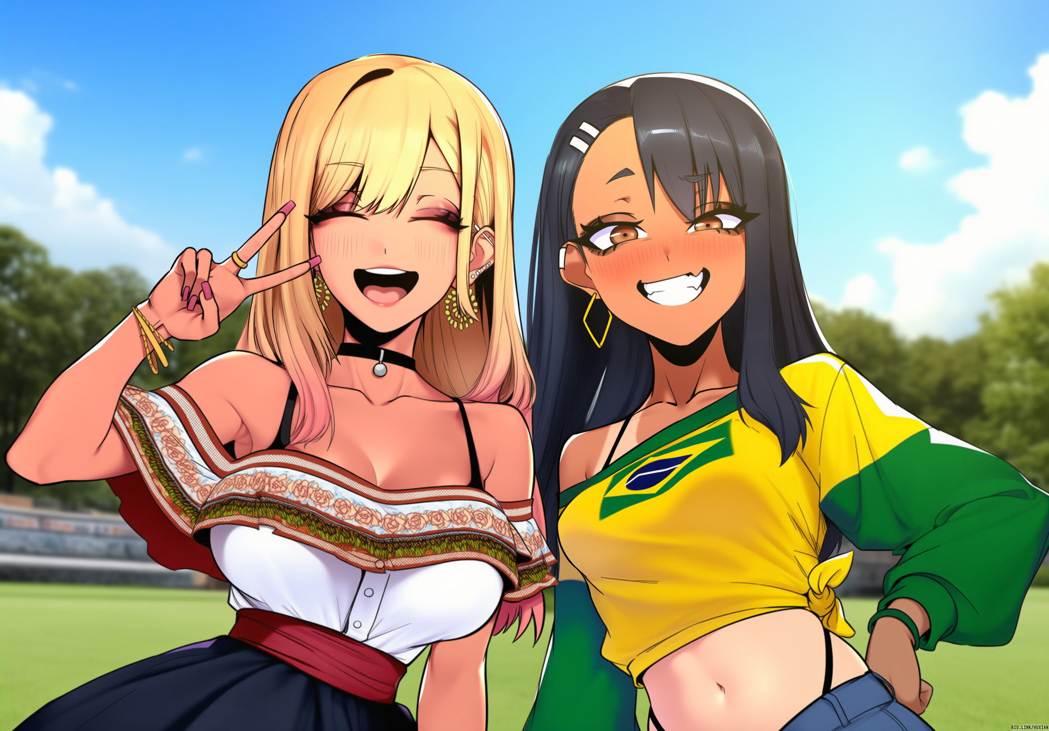 2girls, ai generated, alternate skin color, brazilian, brazilian female, female, female only, hayase nagatoro, kitagawa marin, mexican female, multiple females, multiple girls, please don't bully me, nagatoro, race swap, self upload, sono bisque doll wa koi wo suru, viriai