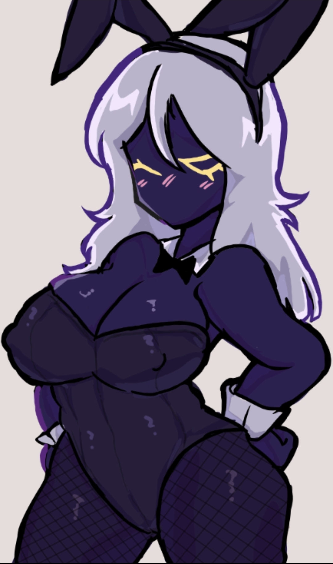 1girls, artist request, ass, big ass, big breasts, black body, breasts, bunny ears, bunny girl, bunny tail, bunnysuit, deepwoken, female, fishnets, ganymede (deepwoken), hand on hip, nipple bulge, roblox, roblox game, robloxian, thick ass, thick thighs, thighs, white hair, wink, winking at viewer, yellow eyes