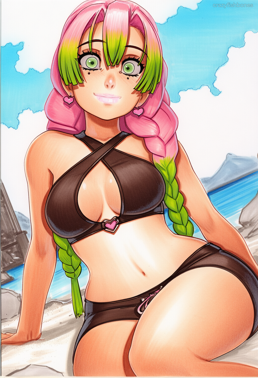 2025 ai_generated artist_name braid breasts cleavage crazyfishbones female green_eyes green_hair kanroji_mitsuri long_hair multicolored_hair solo