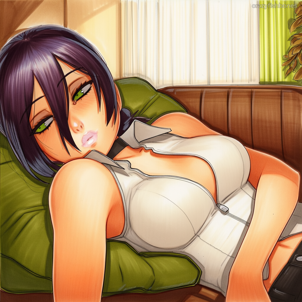 2025 ai_generated artist_name breasts cleavage crazyfishbones female green_eyes large_breasts lying necktie purple_hair reze_(chainsaw_man) short_hair solo