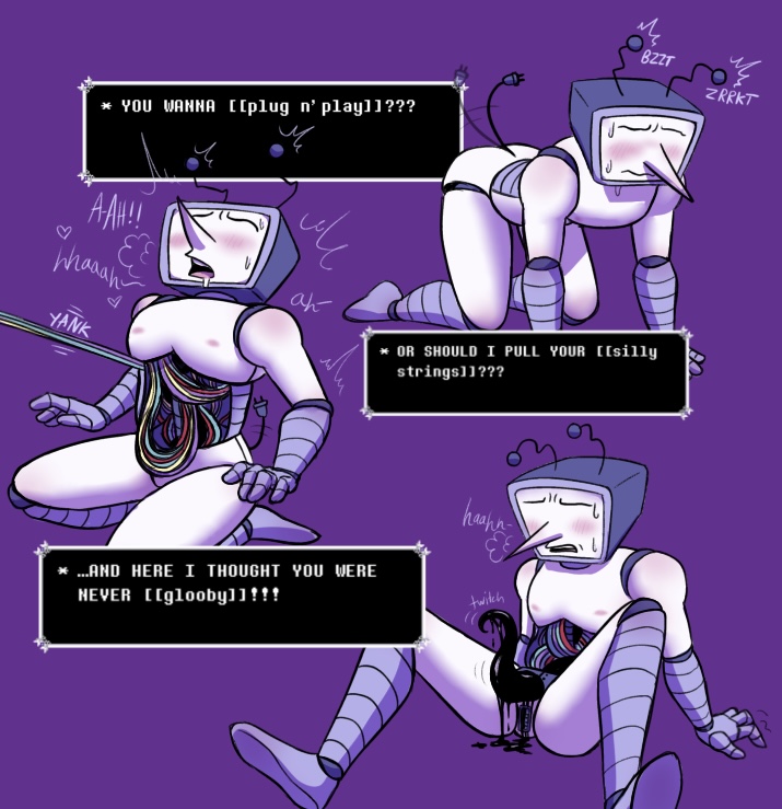 antennae, bent over, blush, deltarune, deltarune chapter 3, doll joints, kneeling, male, male only, nwolc-ydneb, penis, posing, robot, tail, tailwag, tenna (deltarune), tentacle, tentacle cock, tentacle penis, text, text box, tv, tv head, wire, wire pulling, wireplay