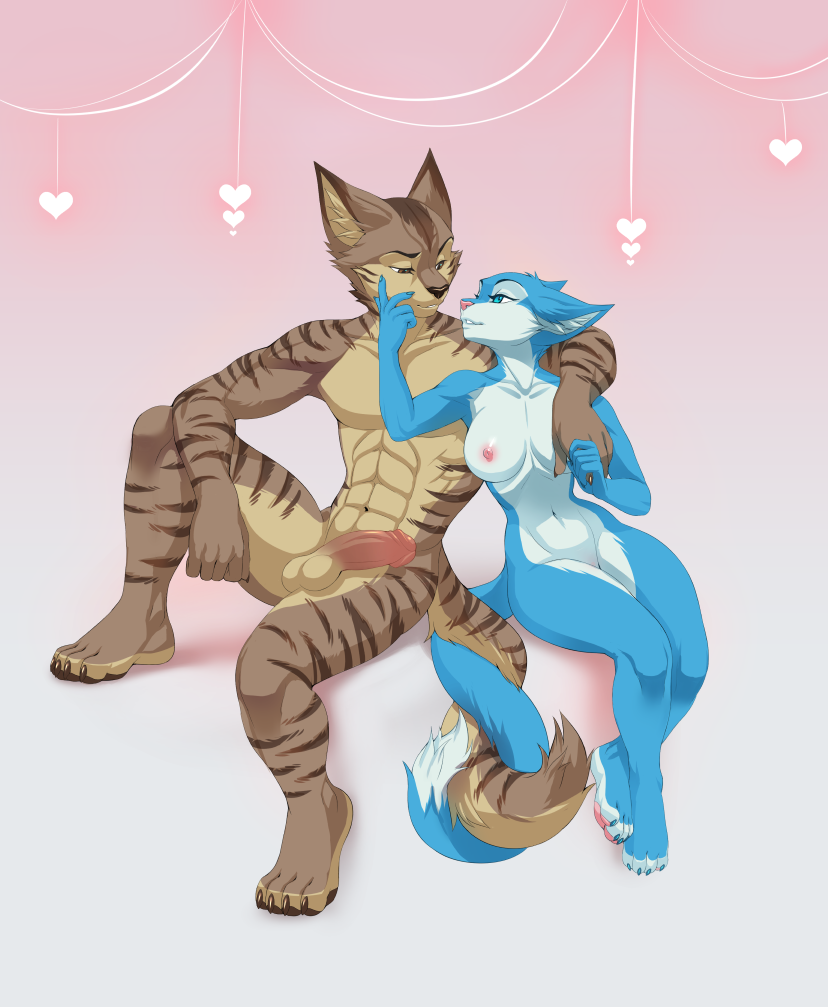 anthro balls big_breasts blue_eyes blue_fur breasts brown_eyes brown_fur feline female fur male mammal multicolored_fur nipples penis sabre_(tid) sif_(artist) smile straight striped_fur stripes syria_(tid) teeth the-impeccable-dan two_tone_fur two_tone_tail