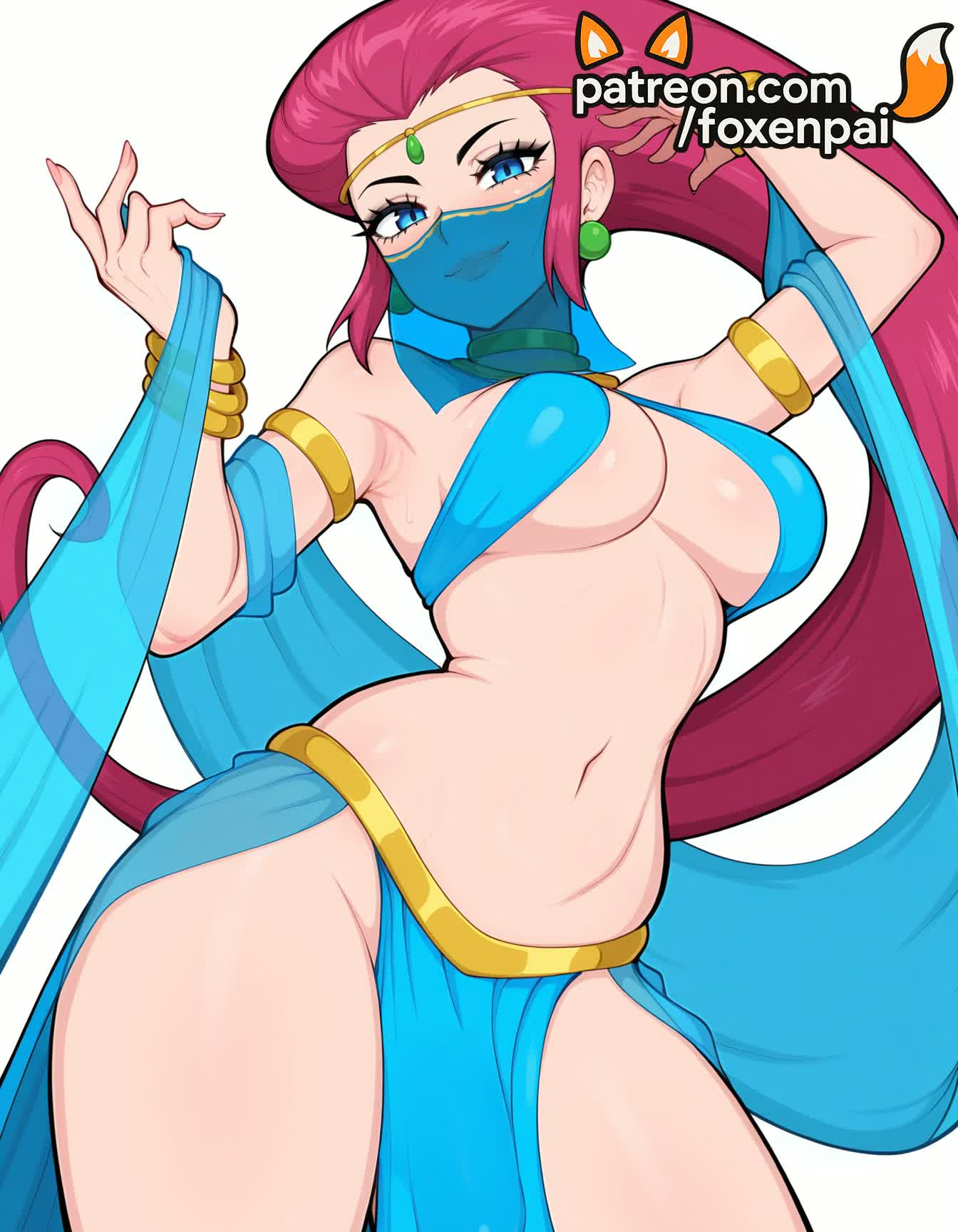 1futa, 2025, ai generated, artist name, average breasts, blue eyes, breasts, bust, chest, earrings, foxenpai, futanari, harem outfit, hi res, high quality, high resolution, highres, intersex, jessie (pokemon), jewelry, loincloth, long hair, medium breasts, mouth veil, navel, normal breasts, patreon, patreon username, pelvic curtain, pokemon, solo, stable diffusion, stomach, team rocket, veil, very long hair, watermark