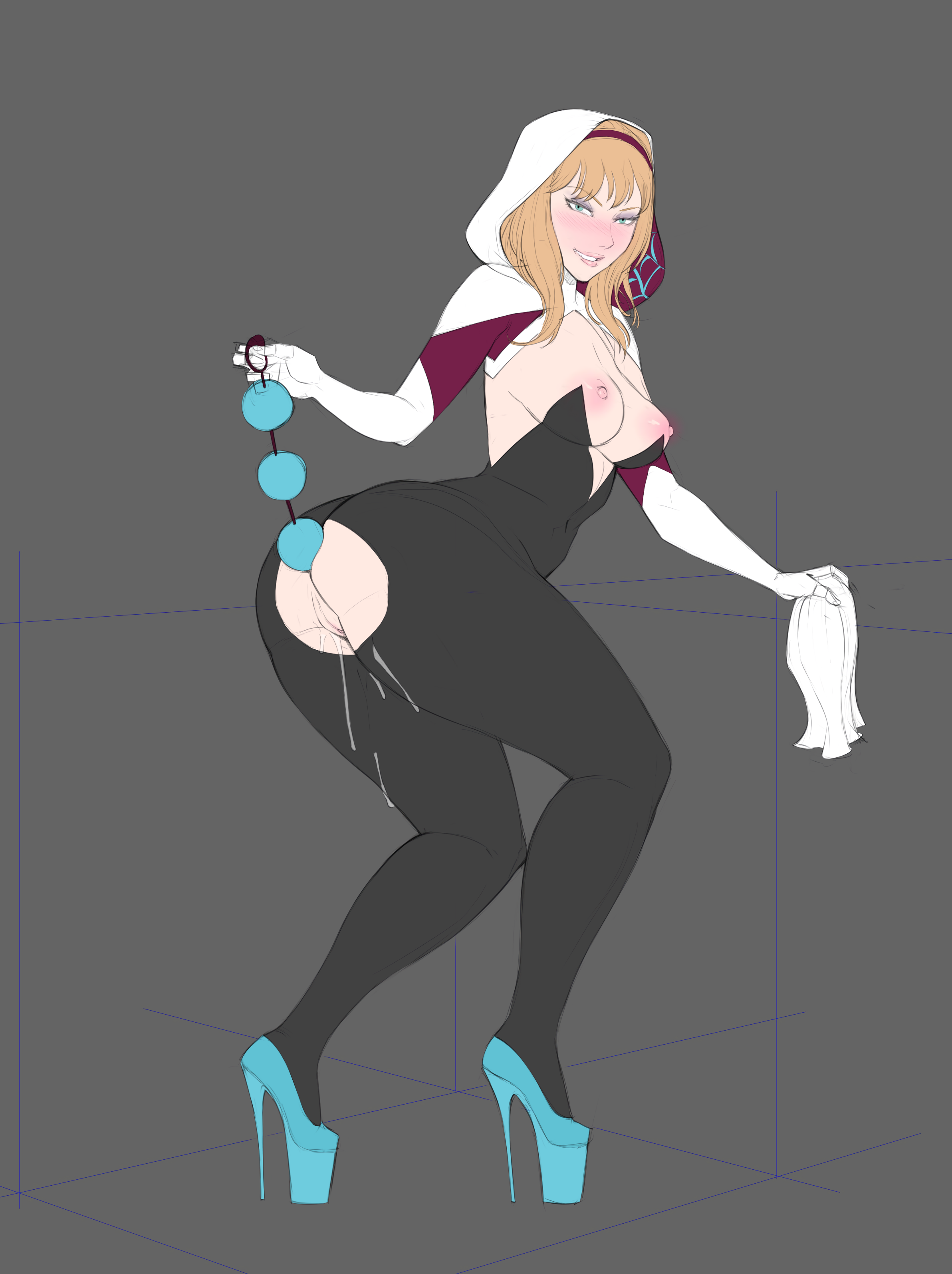 1girls, 2d, anal beads, anal beads pull, anus, areolae, ass, big ass, big breasts, blonde, blonde hair, blue eyes, blush, bodysuit, breasts, female, female only, gwen stacy, hair ornament, hairband, heels, heels focus, high heel fetish, high heels, high heels focus, hips, large breasts, legoman, legs, long hair, marvel, marvel comics, mask, nipples, platform heels, pussy, pussy juice, pussy juice drip, pussy juice trail, sex toy, shoes, solo, spider-gwen, spider-man (series), stiletto heels, thick thighs, thighs, torn clothes, vagina, very high heels