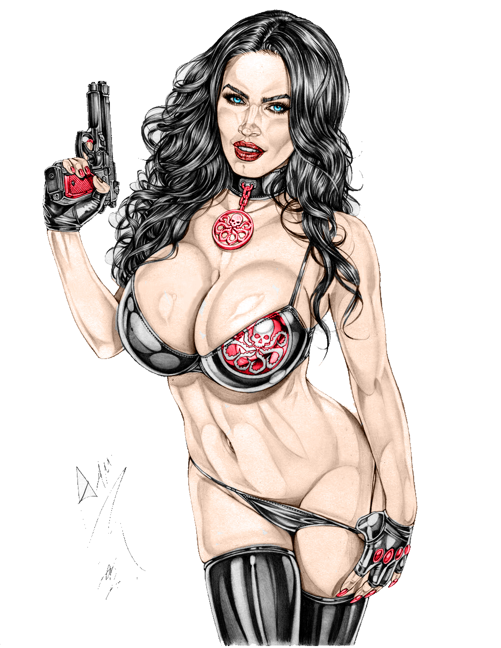 1girls, actress, anastasia cisarovna, armando huerta, artist name, baroness (g.i. joe), belly, black boots, black hair, blue eyes, boots, bra, breasts, captain america (series), celebrity, choker, cleavage, colored, covered breasts, eyelashes, female, female only, fingerless gloves, gloves, gun, high resolution, hips, holding gun, holding weapon, human, human only, hydra (marvel), large breasts, legs, legwear, light skin, light-skinned female, lips, long hair, looking at viewer, marvel, marvel comics, megan fox, midriff, nail polish, navel, panties, shoes, signature, solo, standing, tagme, themed clothes, thigh boots, thighs, underwear