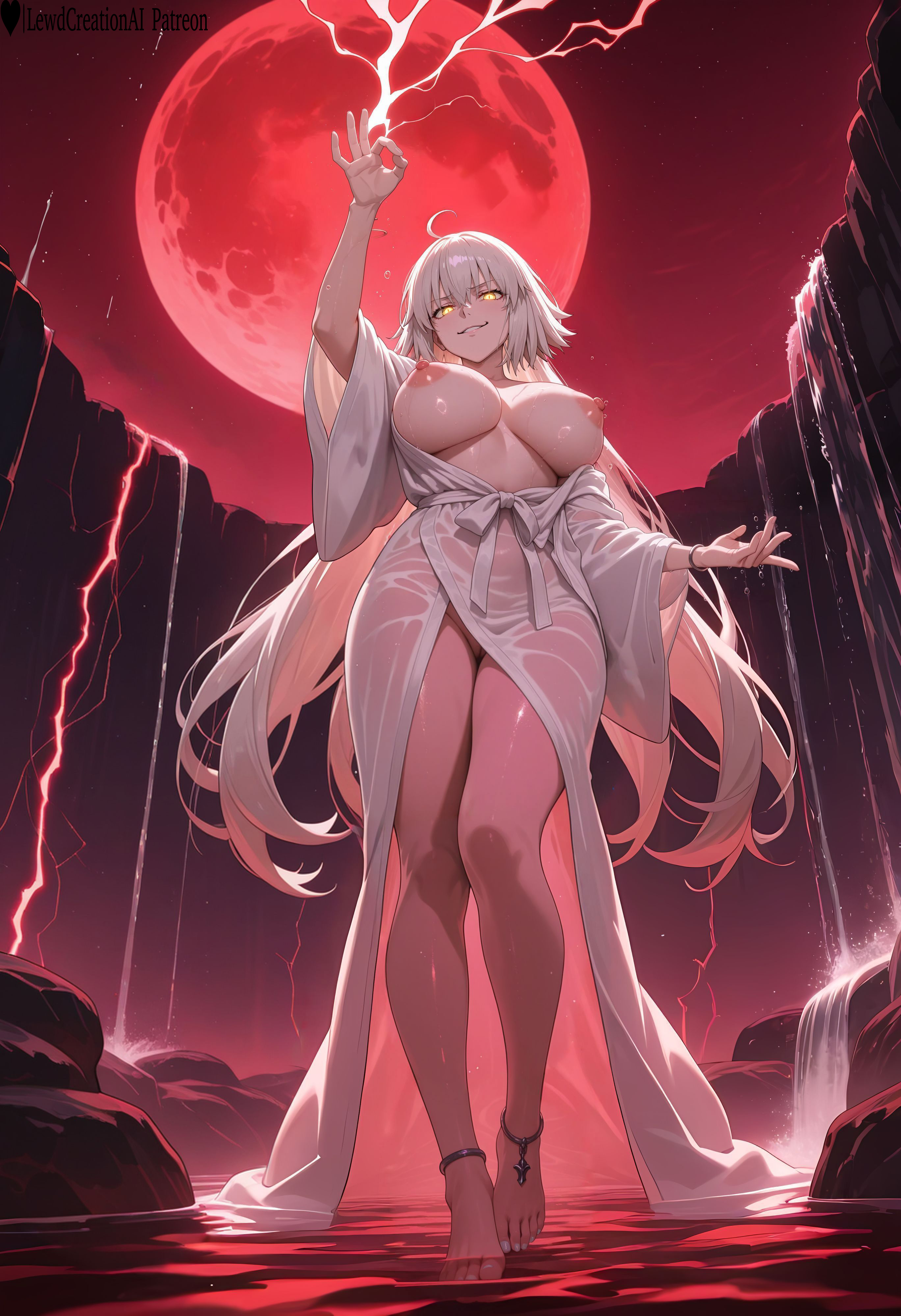 1girls, absurd res, ai generated, anklet, barefoot, big breasts, blush, blush lines, breasts, breasts out, curvy, curvy figure, fate (series), fate/grand order, feet, female, female focus, female only, foot fetish, foot focus, foot worship, high resolution, highres, jeanne alter, jeanne d'arc (fate), lewdcreationsai, light skin, light-skinned female, lightning, painted toenails, smirk, smug, solo, solo female, solo focus, stable diffusion, standing, steam, steaming body, steamy breath, sweat, sweatdrop, sweating, sweaty, tagme, thick, thick legs, thick thighs, thighs, toenail polish, toes, white hair, yellow eyes