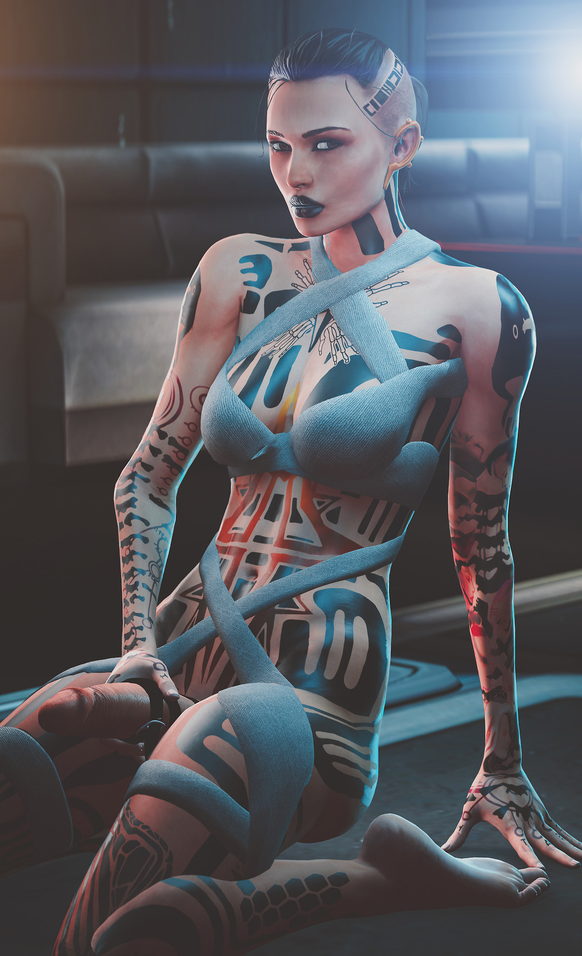 1futa, 3d, breasts, cleavage, erection, futa only, futanari, intersex, jack (mass effect), looking at viewer, mass effect, penis, slop art, solo, source filmmaker, tattoo