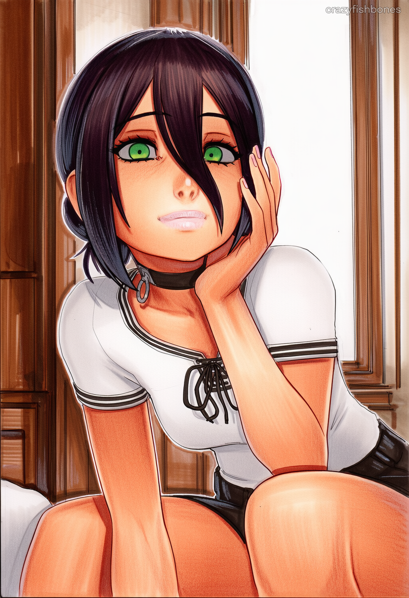 2025 ai_generated artist_name black_hair choker crazyfishbones female green_eyes looking_at_viewer reze_(chainsaw_man) shirt short_hair short_sleeves sitting solo