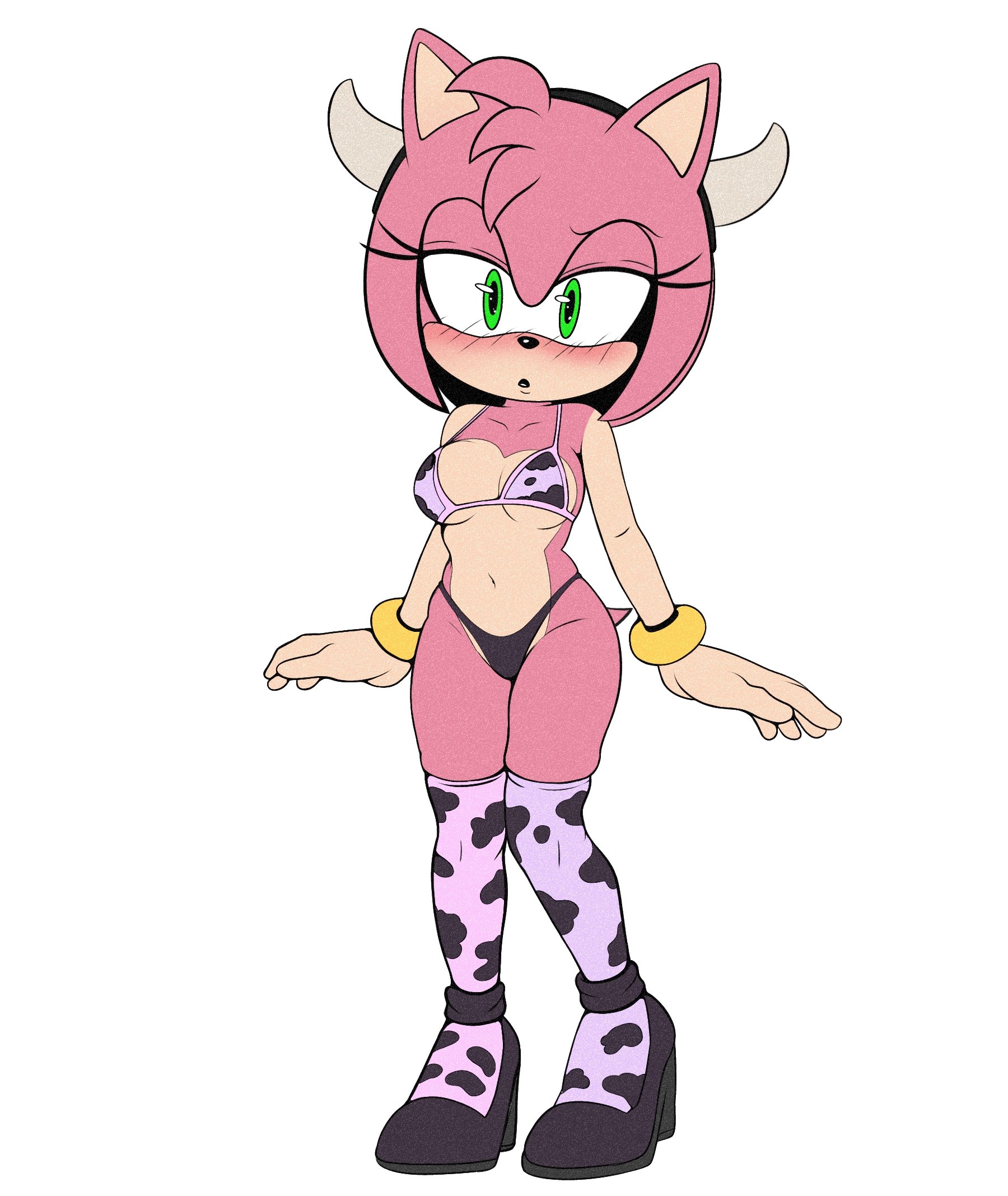 amy rose, bikini, bracelets, cow print, fake cow horns, female, genyacero, hairband, high heels, sega, sonic (series), thighhighs