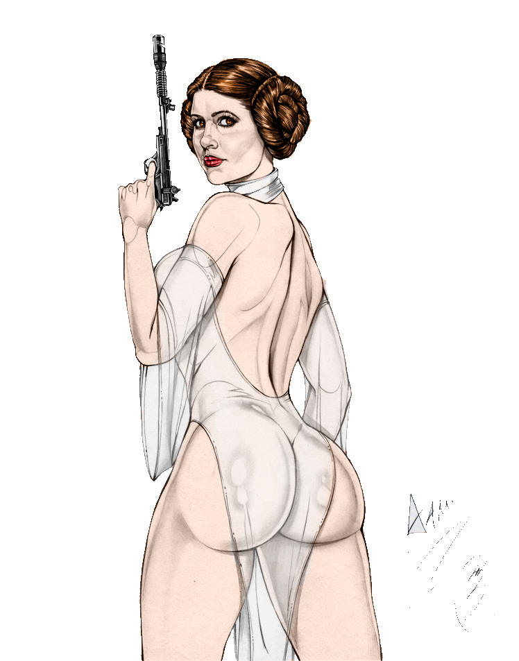 1girls, a new hope, actress, armando huerta, artist name, ass, blaster (star wars), breasts, brown eyes, brown hair, carrie fisher, celebrity, colored, covered breasts, double bun, dress, eyelashes, female, female only, gun, hair bun, hips, holding gun, holding weapon, large breasts, legs, lips, long hair, looking back, makeup, princess leia organa, sideboob, signature, solo, star wars, thighs, tied hair, weapon