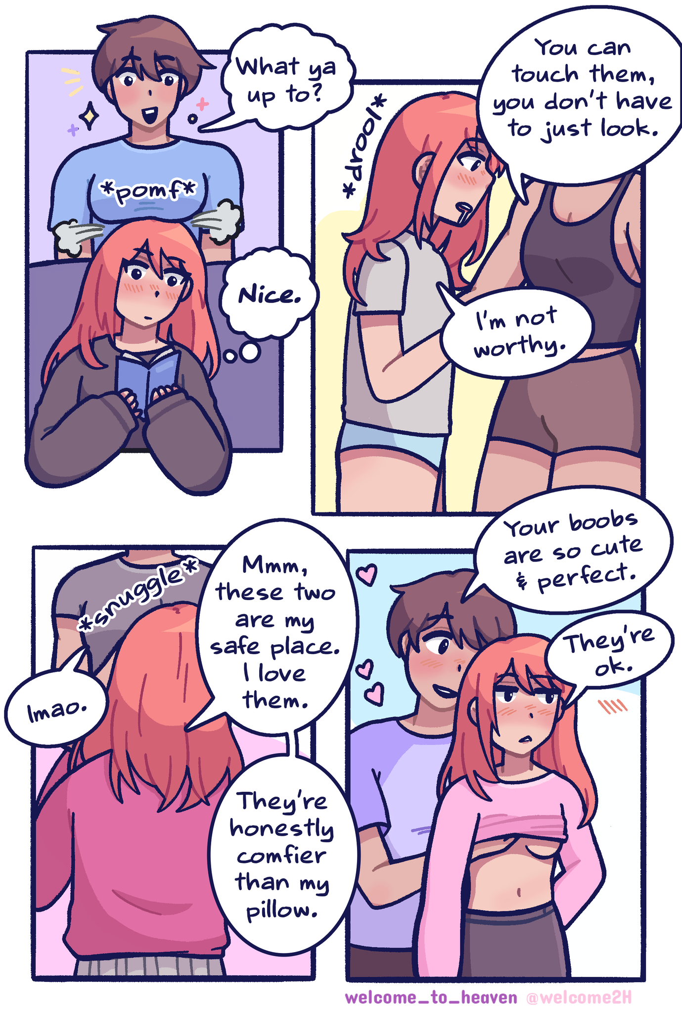 1boy, 1girls, big breasts, blush, breast awe, breast pillow, breast worship, breasts, breasts on head, brown hair, caught staring, cupping breasts, deadpan, drooling, face in breasts, female, fondling breast, fondling breasts, from behind, fully clothed, ginger hair, hands on breasts, head on breasts, hearts around head, holding breast, looking at breasts, male, male boobs, male breasts, male with breasts, no bra, no pants, orange hair, partially clothed, small breast adoration, small breasts, snuggling, sparkles, staring at breasts, tank top, trans man, transgender, transgender male, transmasc, uninterested, welcome to heaven, wholesome