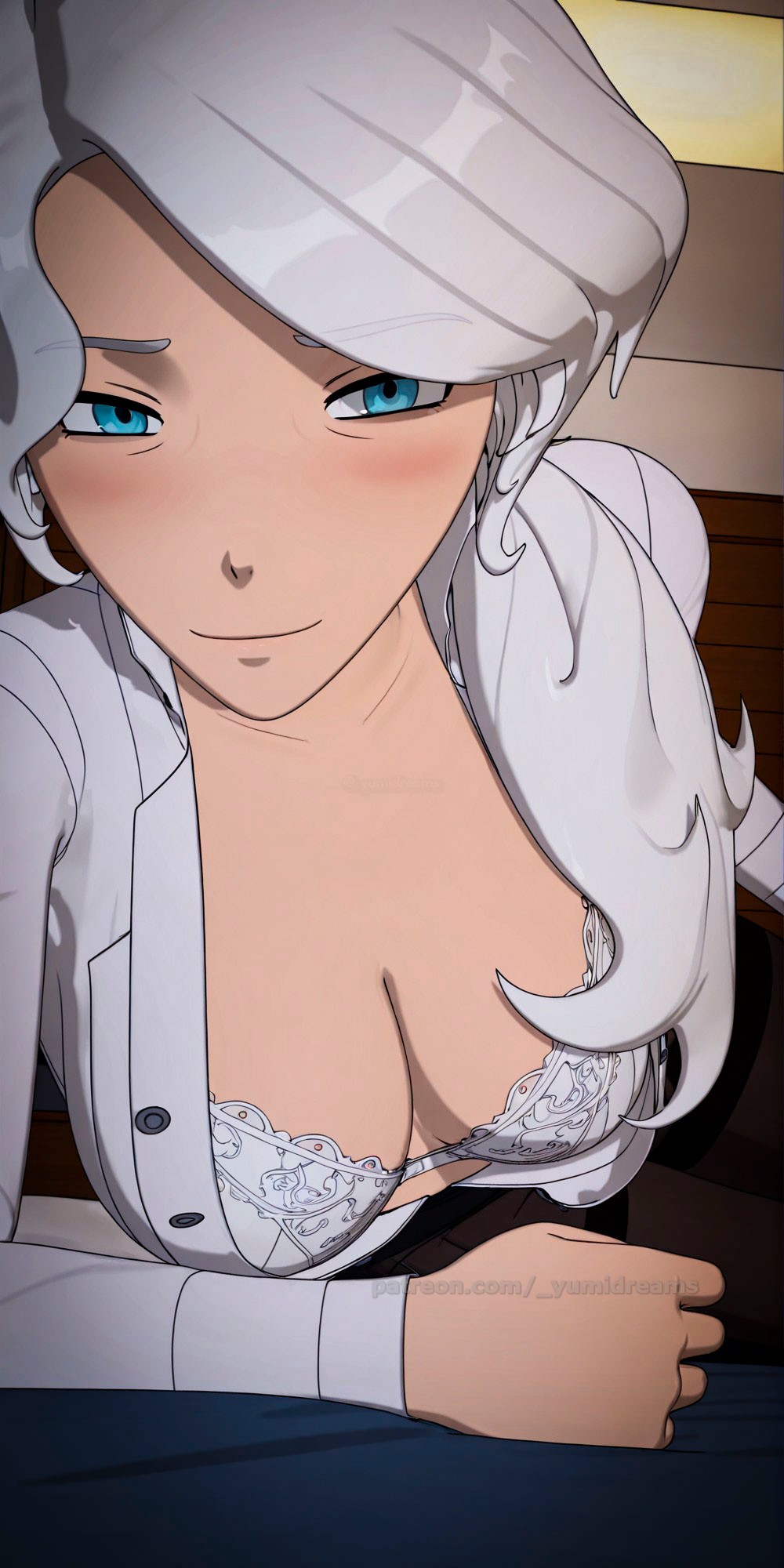  yumidreams, accurate art style, ai generated, bedroom, blue eyes, blush, bra, breasts, breasts focus, cleavage, female, grin, highres, indoors, lingerie, open shirt, patreon username, ponytail, rwby, watermark, white bra, white hair, white lingerie, willow schnee