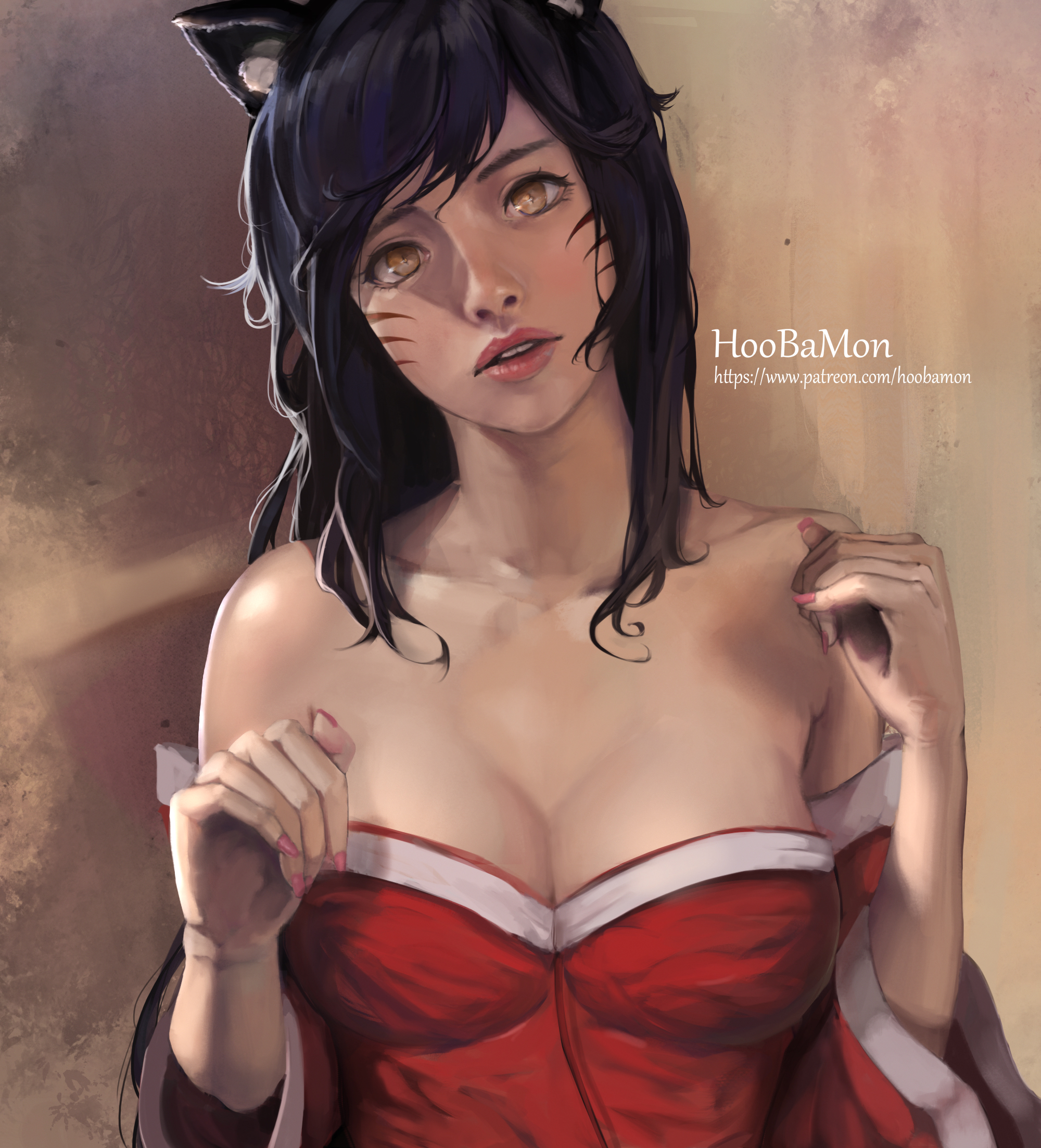 1girls, ahri, animal ears, artist name, bare shoulders, black hair, breasts, cleavage, covered breasts, facial mark, female, female only, fox humanoid, high resolution, hoobamon, large breasts, league of legends, long hair, looking at viewer, solo, web address, whisker markings, youkai