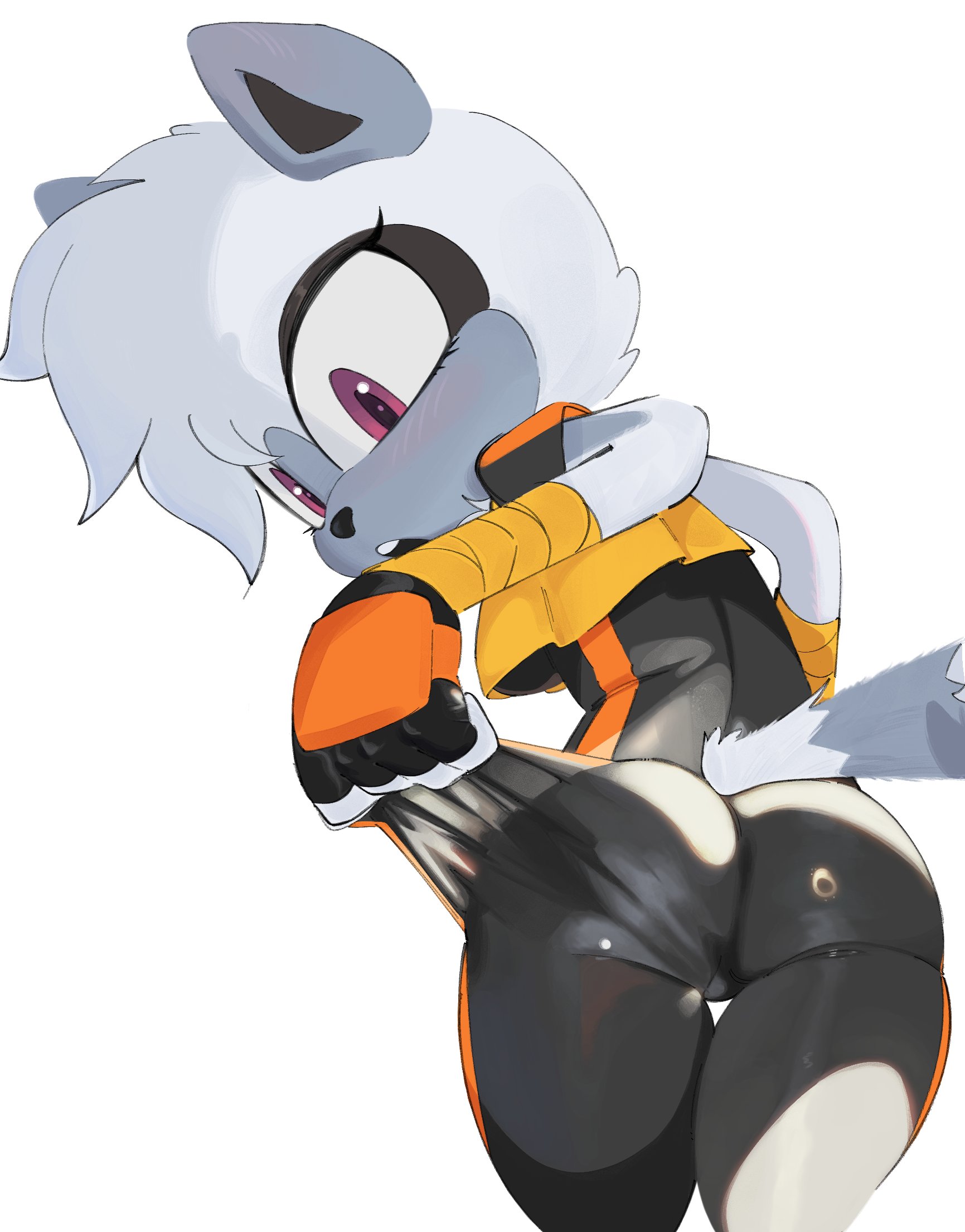1girls, 2025, 5 fingers, arm wraps, ass, ass focus, blush, breasts, clothing pull, female, fingerless gloves, fur, grey fur, highres, idw publishing, lemur, magnetstuff, primate, pulling own clothes, purple eyes, sega, shiny clothes, sideboob, solo, solo female, sonic (series), sonic the hedgehog (comics), sonic the hedgehog (idw), sonic the hedgehog (series), spandex, strepsirrhine, stretched clothing, tail, tangle the lemur, tight clothing