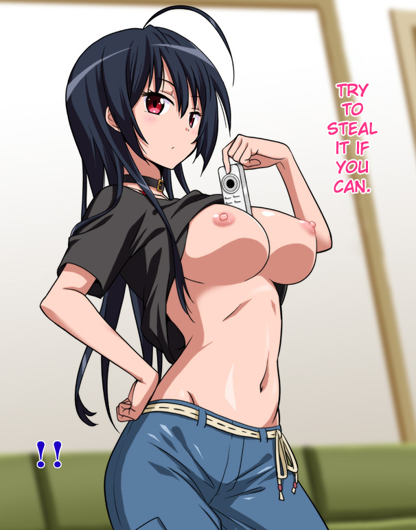 !! ahoge areolae bare_shoulders belt between_breasts black_hair blush breasts choker chuunibyou_demo_koi_ga_shitai! erect_nipples female hand_on_hip hard_translated holding long_hair marugoshi_teppei mound_of_venus navel nipples no_bra object_between_breasts red_eyes shirt_lift solo standing takanashi_touka text translated