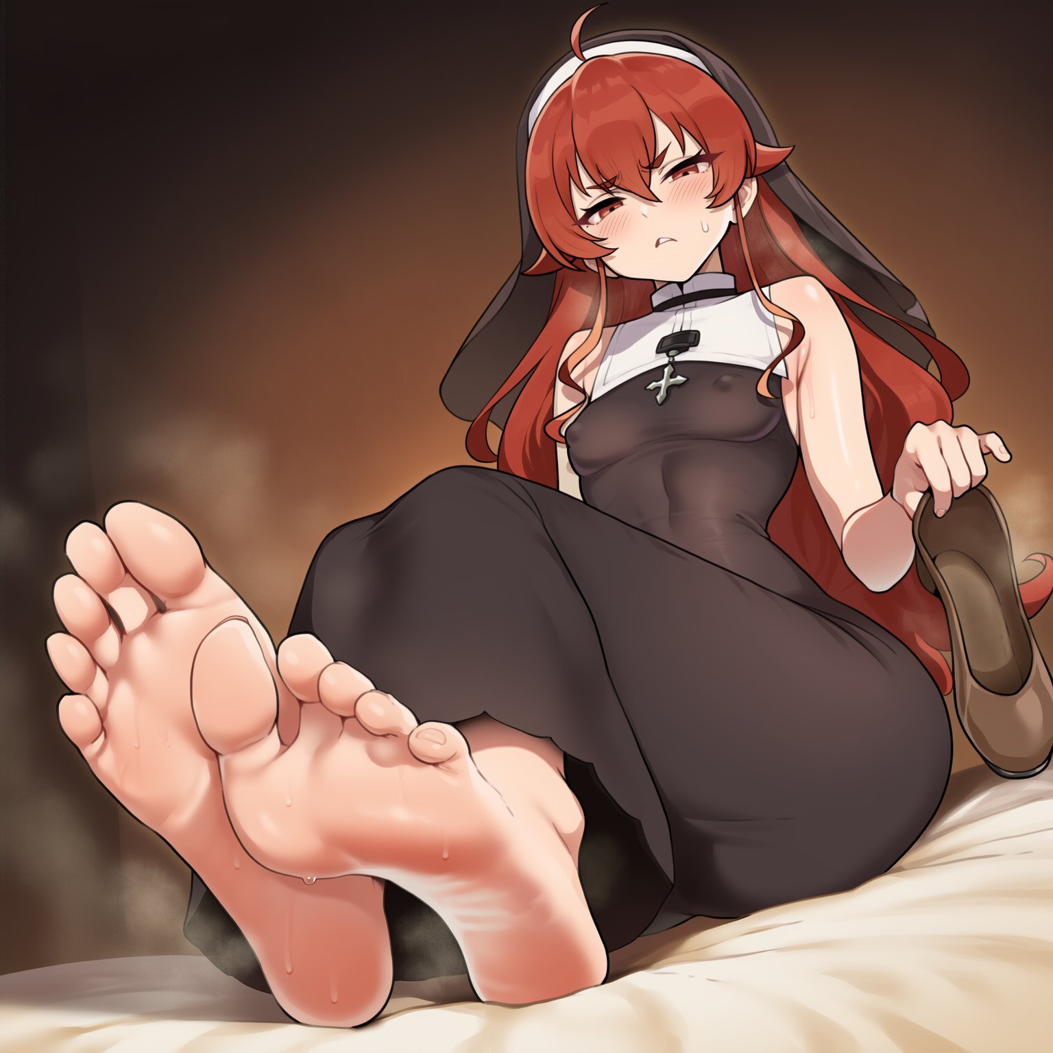 ai generated, armpits, ass, big ass, big butt, big thighs, breasts, eris greyrat, feet, female, foot fetish, mushoku tensei, nun, nun outfit, seductive, seductive look, sweaty feet, tagme, tharkica, tiny breasts