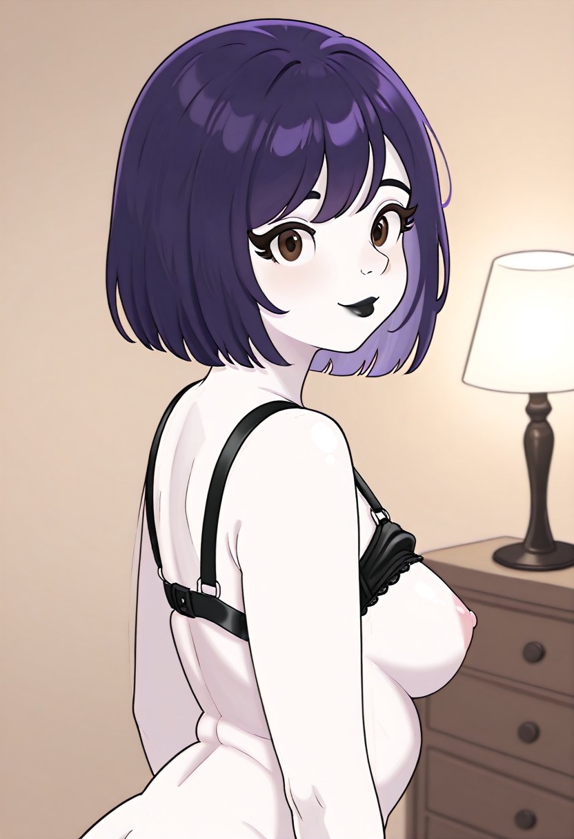 ai_generated bedroom black_lips black_lipstick civitai cookiasncream goth goth_girl looking_at_viewer purple_hair short_hair straight_hair