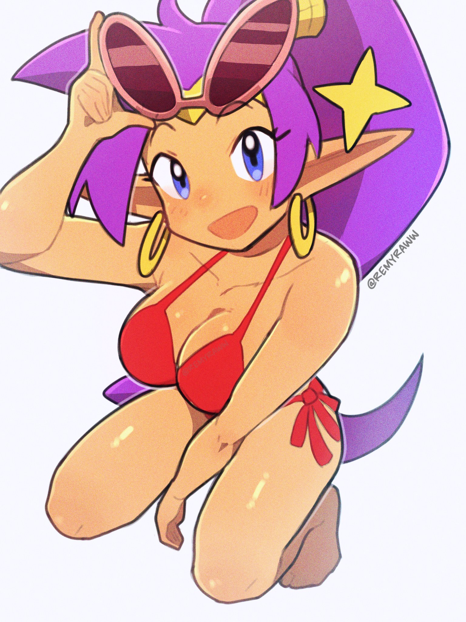 1girls, big breasts, bikini, bikini bottom, bikini top, blue eyes, bottomwear, breasts, bushii (bo0xhy), cleavage, ear piercing, earrings, feet, female, female only, hair, headwear, hoop earrings, pointy ears, ponytail, purple hair, red bikini, shantae, shantae (character), smile, solo, solo female, star, sunglasses, sunglasses on head, swimwear, thighs, tied hair, topwear