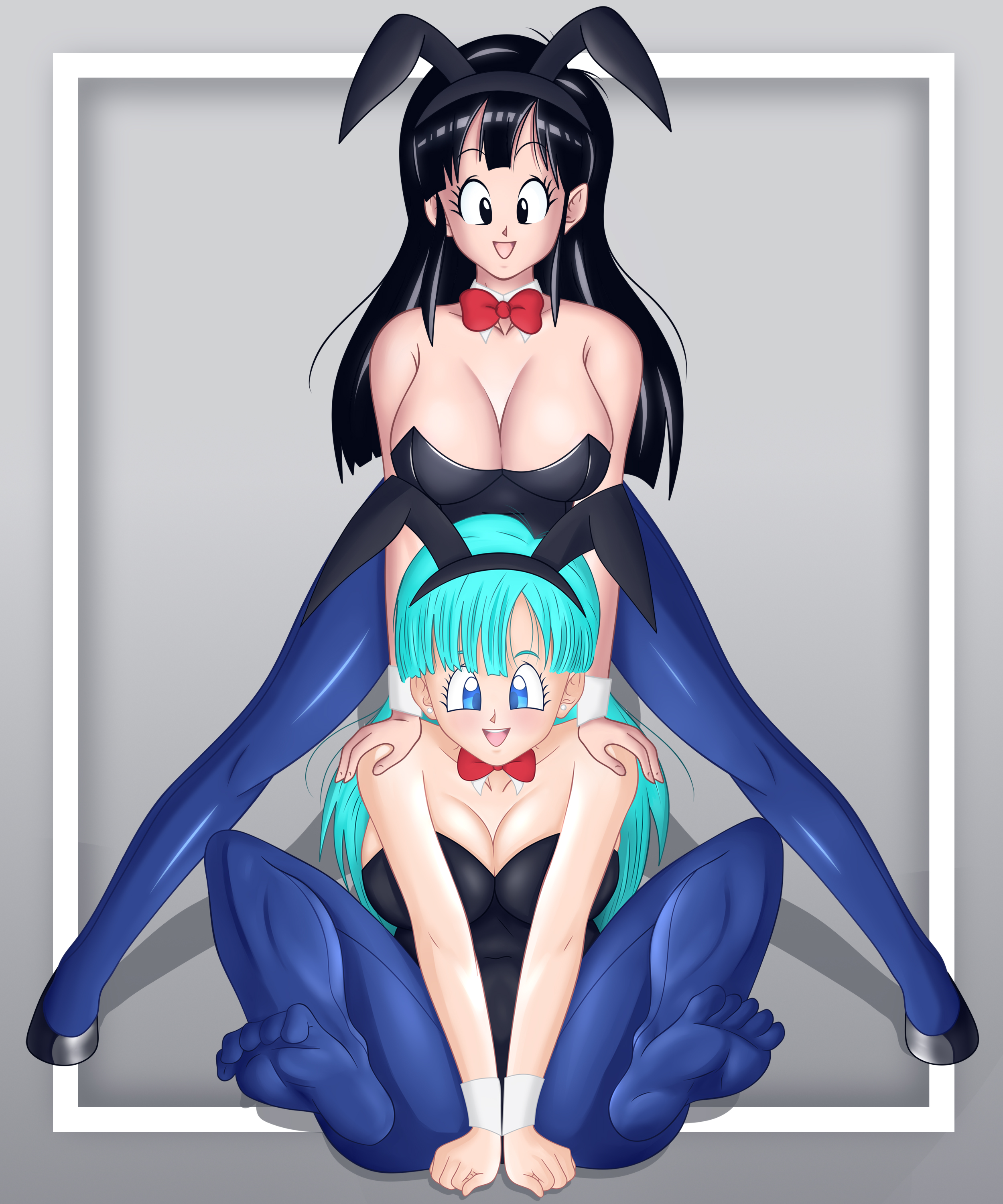 2022, 2d, 2girls, aqua hair, bent legs, big breasts, black eyes, black hair, blue eyes, blue pantyhose, breasts, bulma (bunny), bulma briefs, bulma briefs (dragon ball), bunny ears, bunnysuit, chichi, chichi (bunny), chichi (dragon ball), detached collar, dragon ball, dragon ball (classic), duo, female, female only, full color, fully clothed, leaning on shoulders, legs apart, long hair, looking at viewer, neck ribbon, no penetration, no shoes, open mouth, pantyhose, sitting, smiling, smiling at viewer, soul-z, teenage bulma, very high resolution, wrist cuffs