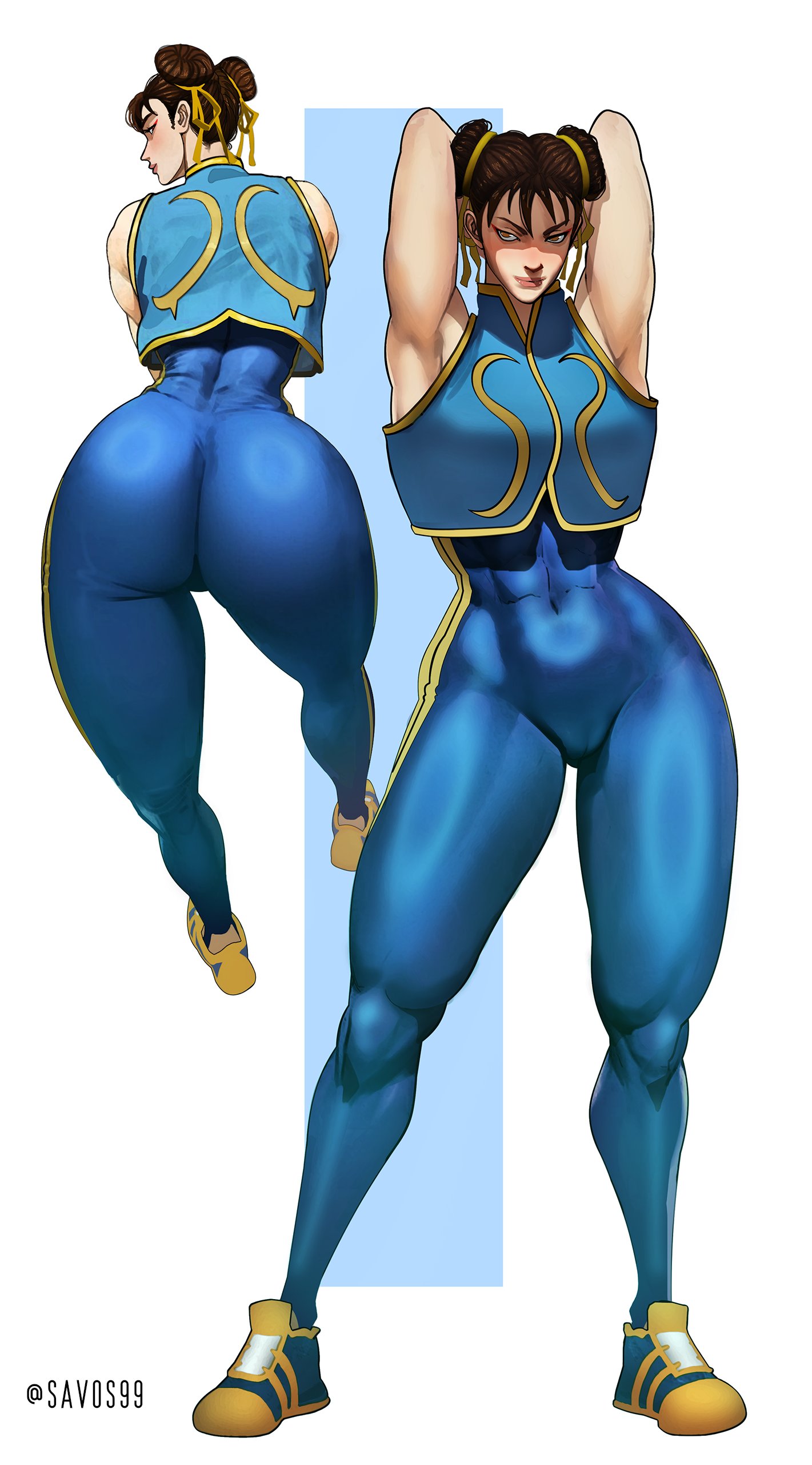1girls, 2d, abs, armpits, arms behind head, arms up, artist name, asian, asian female, ass, ass focus, athletic female, back view, bubble ass, bubble butt, cameltoe, capcom, child bearing hips, chinese female, chun-li, chun-li (street fighter alpha), female, female only, fit female, hair buns, hairbuns, hands behind head, huge ass, huge butt, looking at viewer, multiple views, muscular, muscular female, pussy, round ass, round butt, savos99, shaved armpit, simple background, solo, solo female, street fighter, street fighter alpha, tight clothing, track suit, white background, wide hips