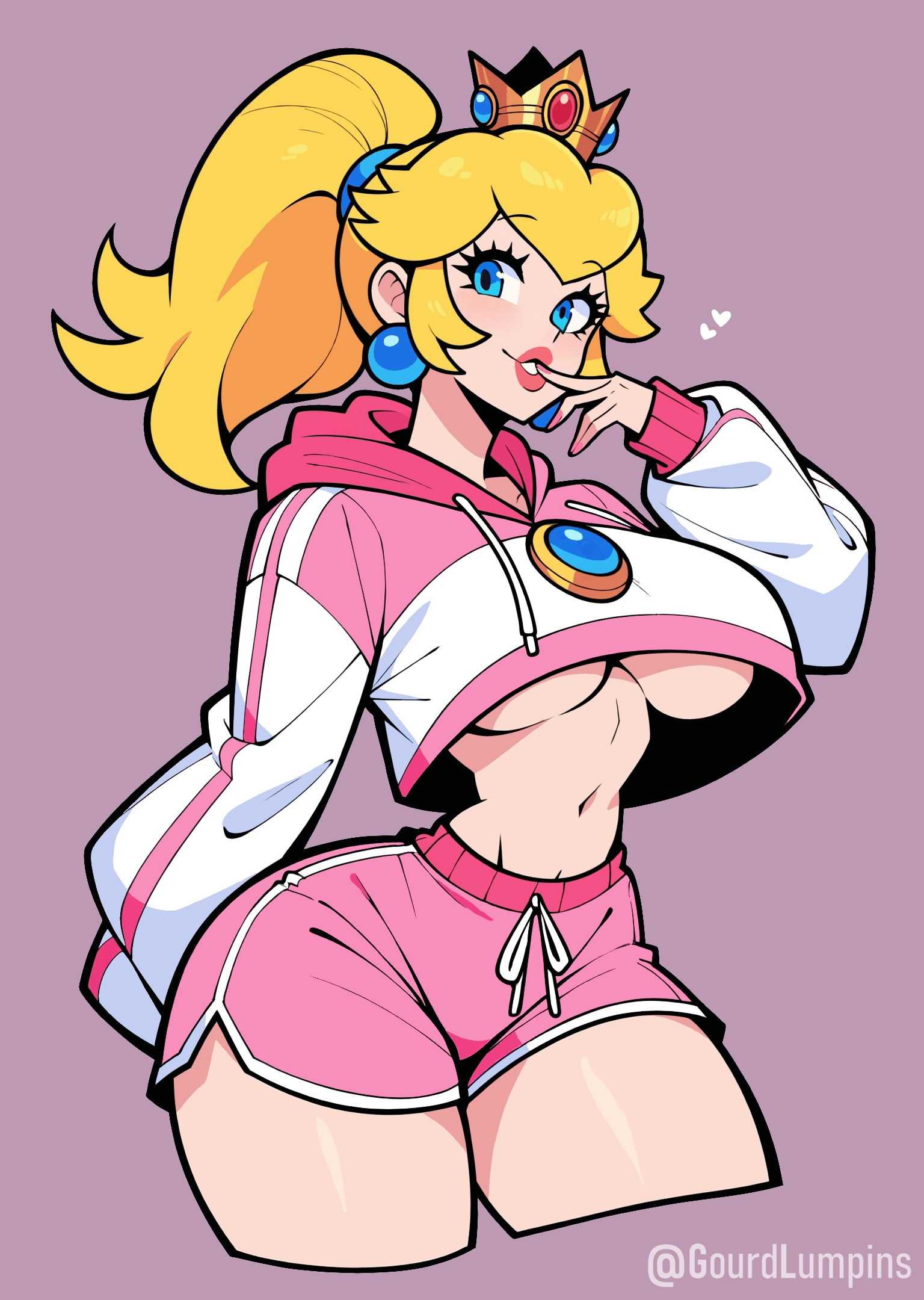 1girls, ai assisted, ai generated, alternate costume, big breasts, blonde hair, breasts, busty, cropped hoodie, crown, dolphin shorts, female, finger to mouth, gourdlumpins, hoodie, jewelry, large breasts, lips, mario (series), mario kart world, midriff, narrow waist, navel, pink background, pink hoodie, pink shorts, ponytail, princess, princess peach, shorts, smile, thick thighs, thighs, underboob, voluptuous, wide hips