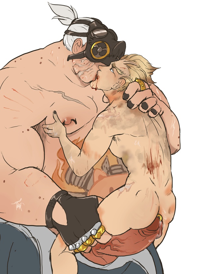 2boys, bareback, blizzard entertainment, blood, blood in mouth, gay, junkrat, kissing, male, male only, nipple piercing, nipples, no penetration, nude, overwatch, penis, piercing, roadhog, size difference, yaoi