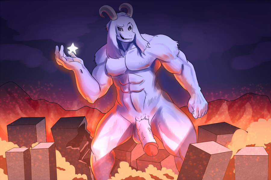 1boy 2016 2d abs anthro anthro_male anthro_only asriel_dreemurr balls biceps big_penis boss_monster caprine city destruction fire furry furry_male furry_only goat god_of_hyperdeath horn humanoid humanoid_male humanoid_only macro male male_only mammal mammal_humanoid muscular muscular_male nude pecs penis pubes solo soonico undertale undertale_(series) vein video_games