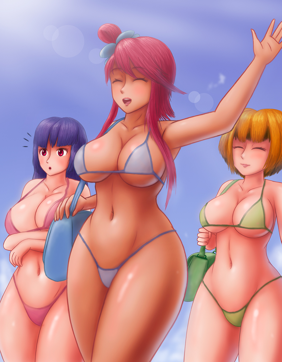 3girls background beach big_breasts big_butt bikini blue_hair breasts closed_eyes female female_only gardenia_(pokemon) ginger_hair hair_ornament hair_ribbon hips huge_breasts large_breasts multiple_girls nintendo pink_eyes pokemon pokemon_bw pokemon_dppt pokemon_rgby red_hair sabrina_(pokemon) saf-404 safartwoks safartworks shy skimpy_bikini skyla_(pokemon) swimsuit thick_thighs thong thong_bikini wide_hips