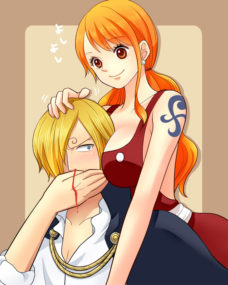 1boy 1girls between_breasts blonde_hair blue_eyes blush dress female head_between_breasts ima large_breasts long_hair male nami nami_(one_piece) nosebleed one_piece orange_eyes orange_hair post-timeskip smile tattoo vinsmoke_sanji