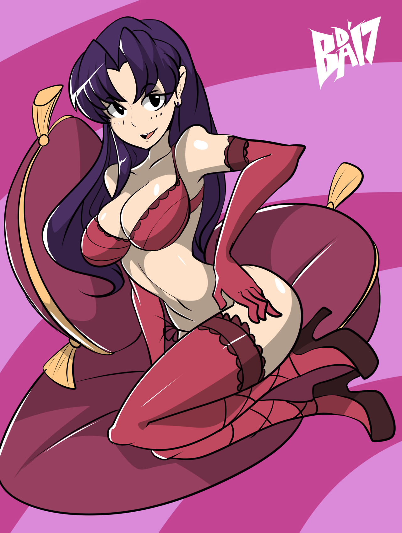 1girls, bigdeadalive, black eyes, bra, breasts, female, female only, human, large breasts, light skin, light-skinned female, lingerie, long hair, misato katsuragi, neon genesis evangelion, purple hair, sitting, solo, stockings