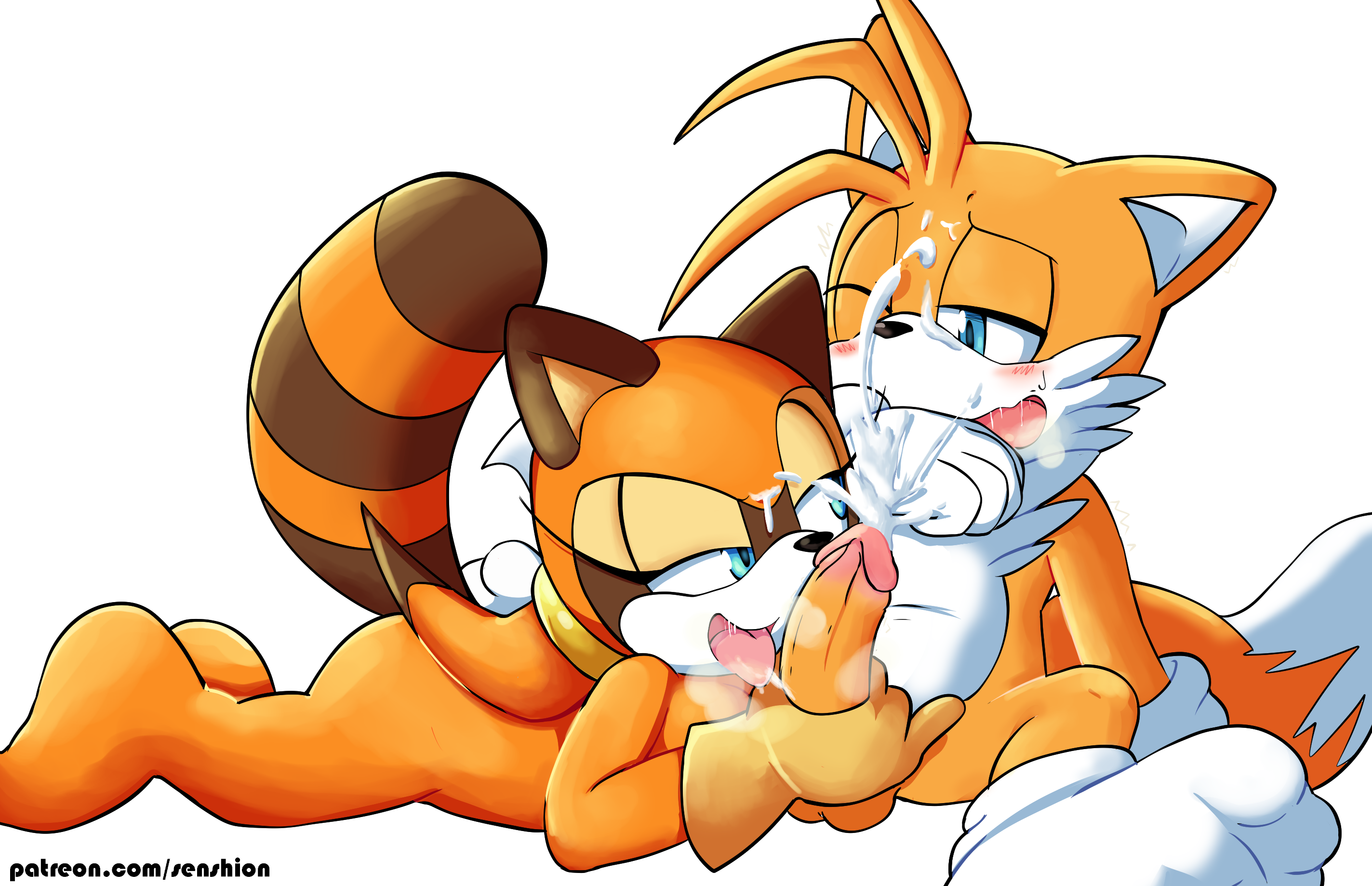 2017, alpha channel, anthro, balls, canine, cum, cumshot, duo, ejaculation, erection, female, fox, gloves, gloves only, handjob, hi res, male, mammal, marine the raccoon, nude, orgasm, penis, raccoon, senshion, sex, sonic (series), sonic the hedgehog (series), tail, tails, tails the fox, young