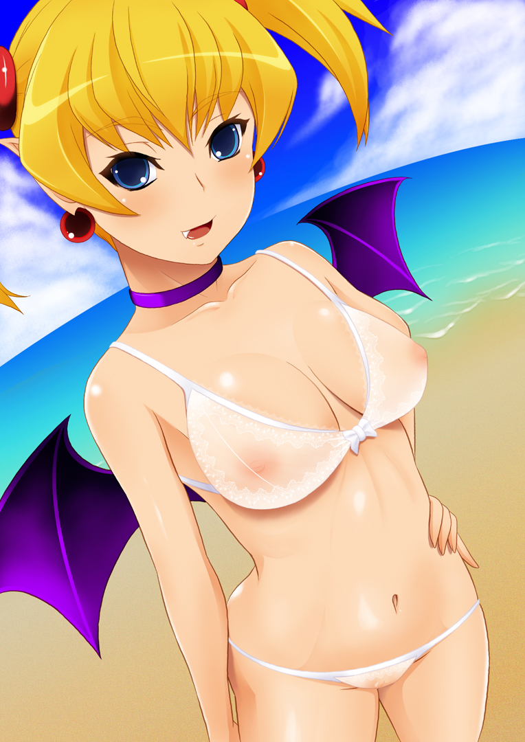 arcana_heart bat_wings bikini blonde_hair blue_eyes blush bra breasts choker cleavage cloud cute_fang day demon_girl dutch_angle earrings female hand_on_hip jewelry large_breasts lilica_felchenerow lingerie navel nipples ocean open_mouth pointy_ears see-through short_hair short_twintails sky smile solo swimsuit tied_hair tomatto_(@ma!) twintails underwear water wings