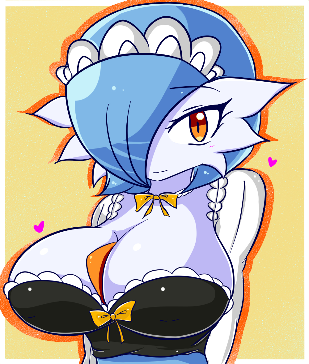 alternate color, blue hair, blue skin, blush, bra, breast expansion, breast growth, breast growth (enlargement), breasts, cleavage, female, gardevoir, heart, huge breasts, maid, maid headdress, maid uniform, nintendo, pokémon (species), pokemon, pokemon (species), ribbon, shiny gardevoir, shiny pokemon, solo focus, sugaru, white skin